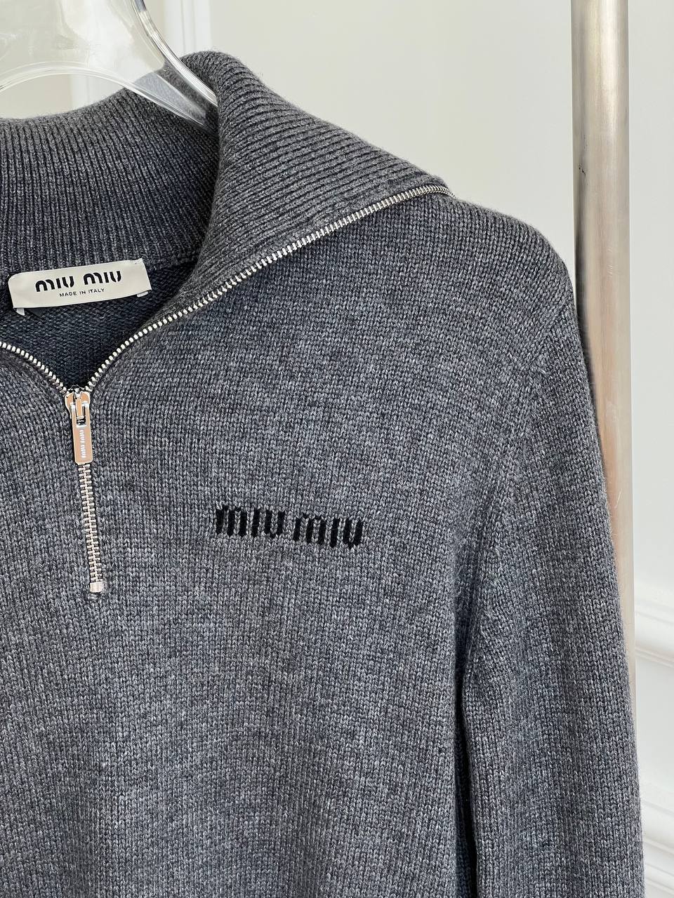 Miu Miu Dark Grey Half-Zip Collared Embroidered Cropped Wool Knit Sweater