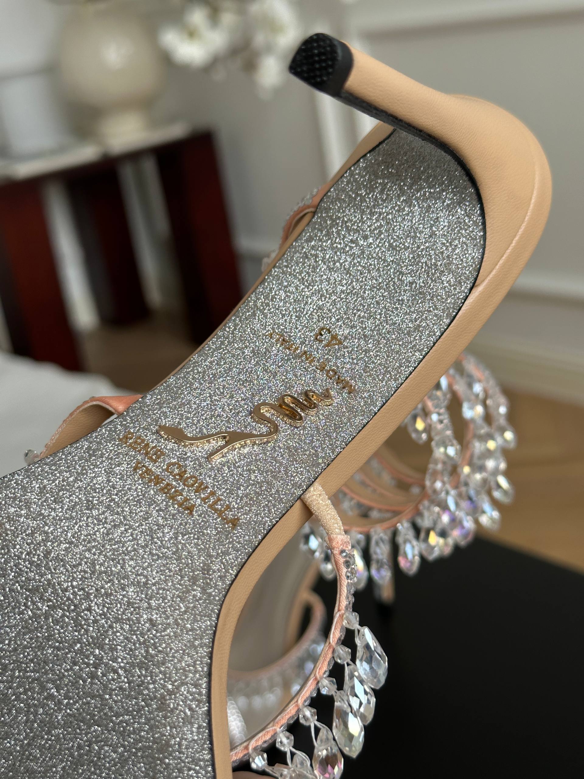 Rene Caovilla Nude Multi-layer Crystal Ankle Wrap Tassel Stiletto Heel Sandals