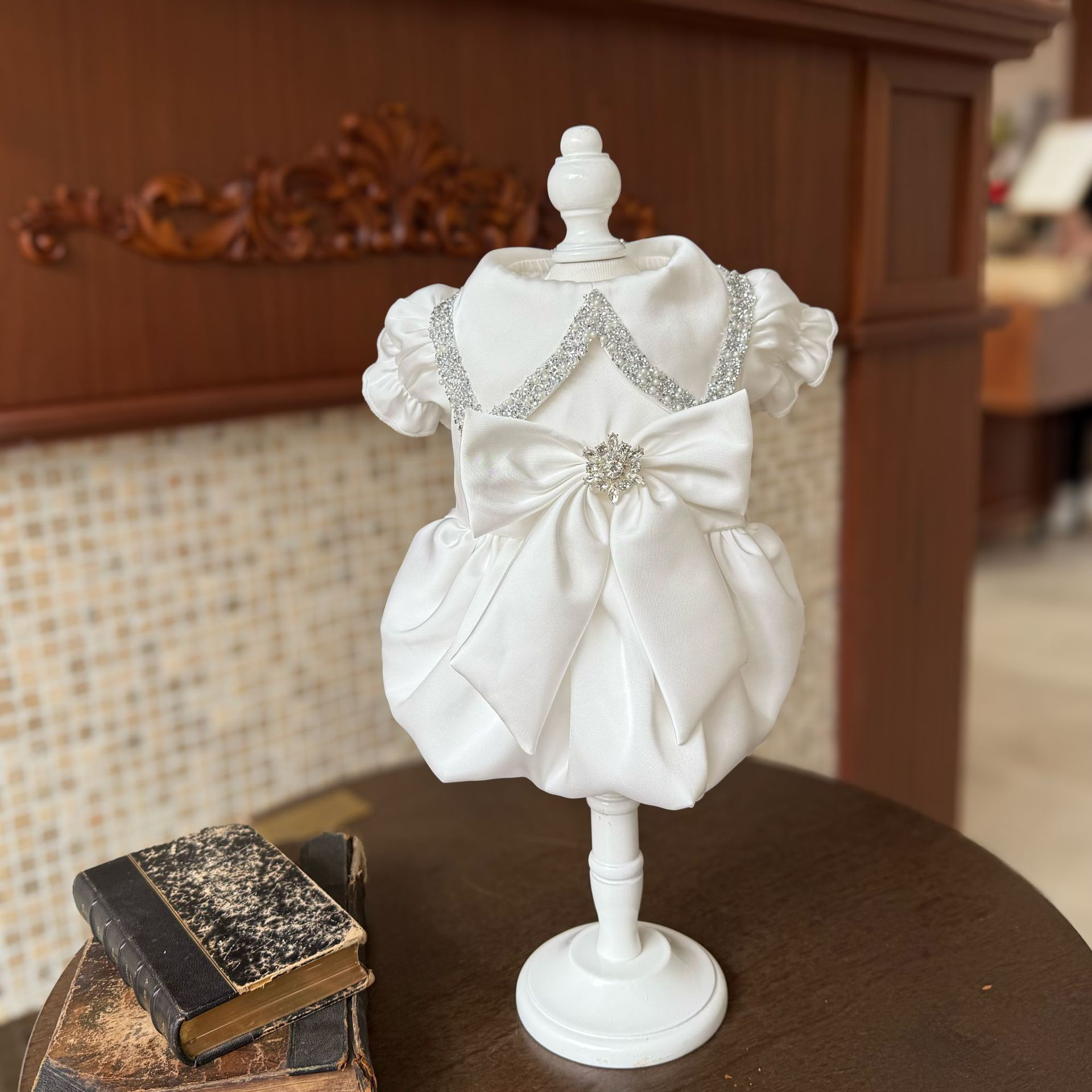 White Satin Wedding Dress Rhinestone Bow Bubble Hem Formal Outfit for Small Dogs Cats - MAISONKAIRON