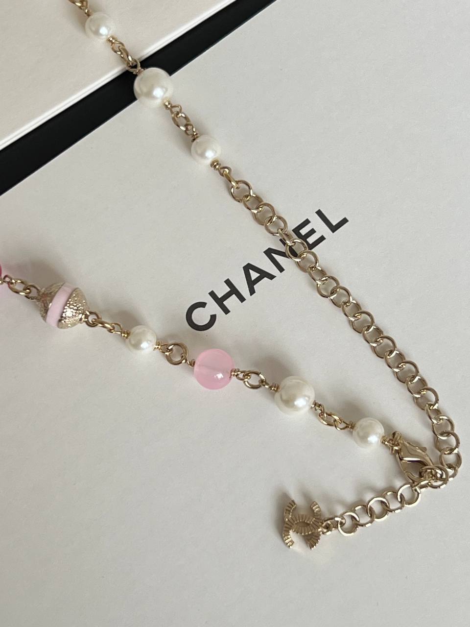 Chanel Light Gold Necklace With Pink Stripe Enamel CC, Pink Beads & Faux Pearls Adjustable