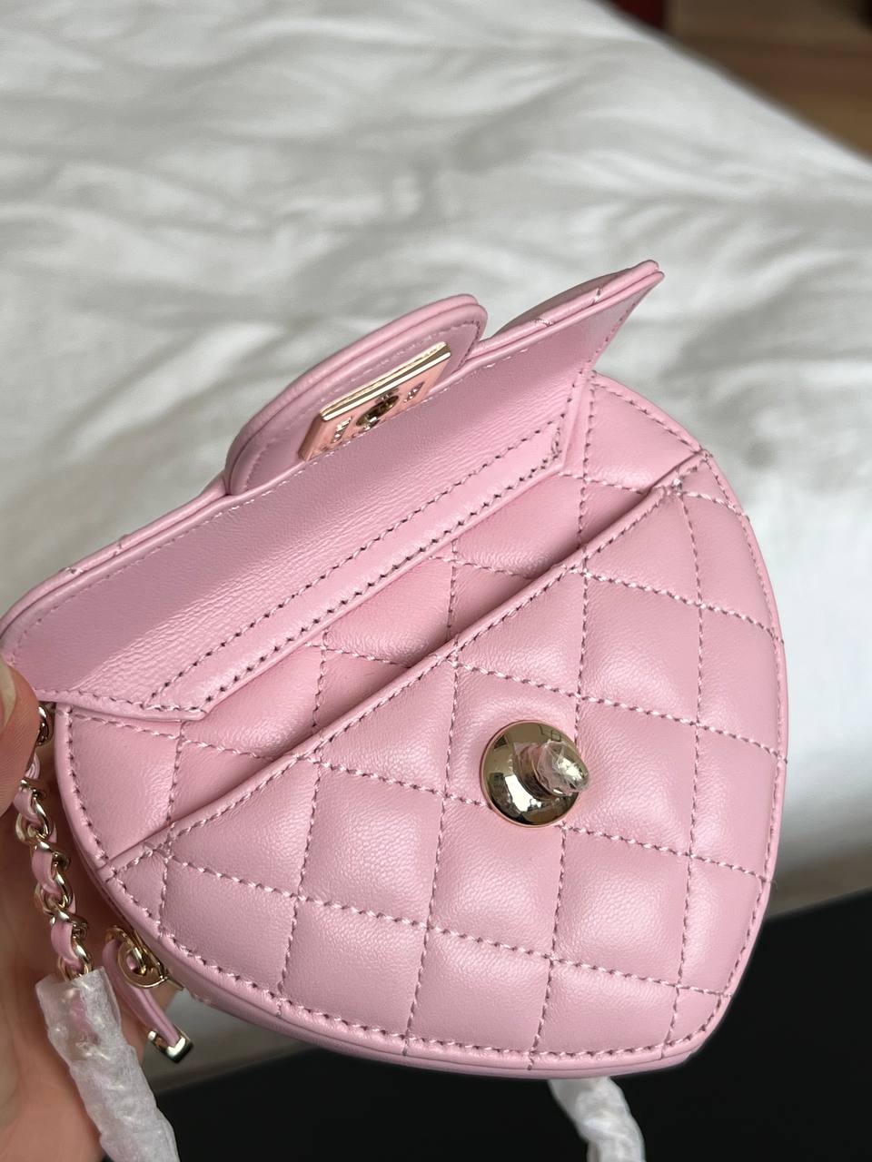 Chanel Pink Lambskin Quilted Heart Mini Crossbody Bag With Crystal Turnlock