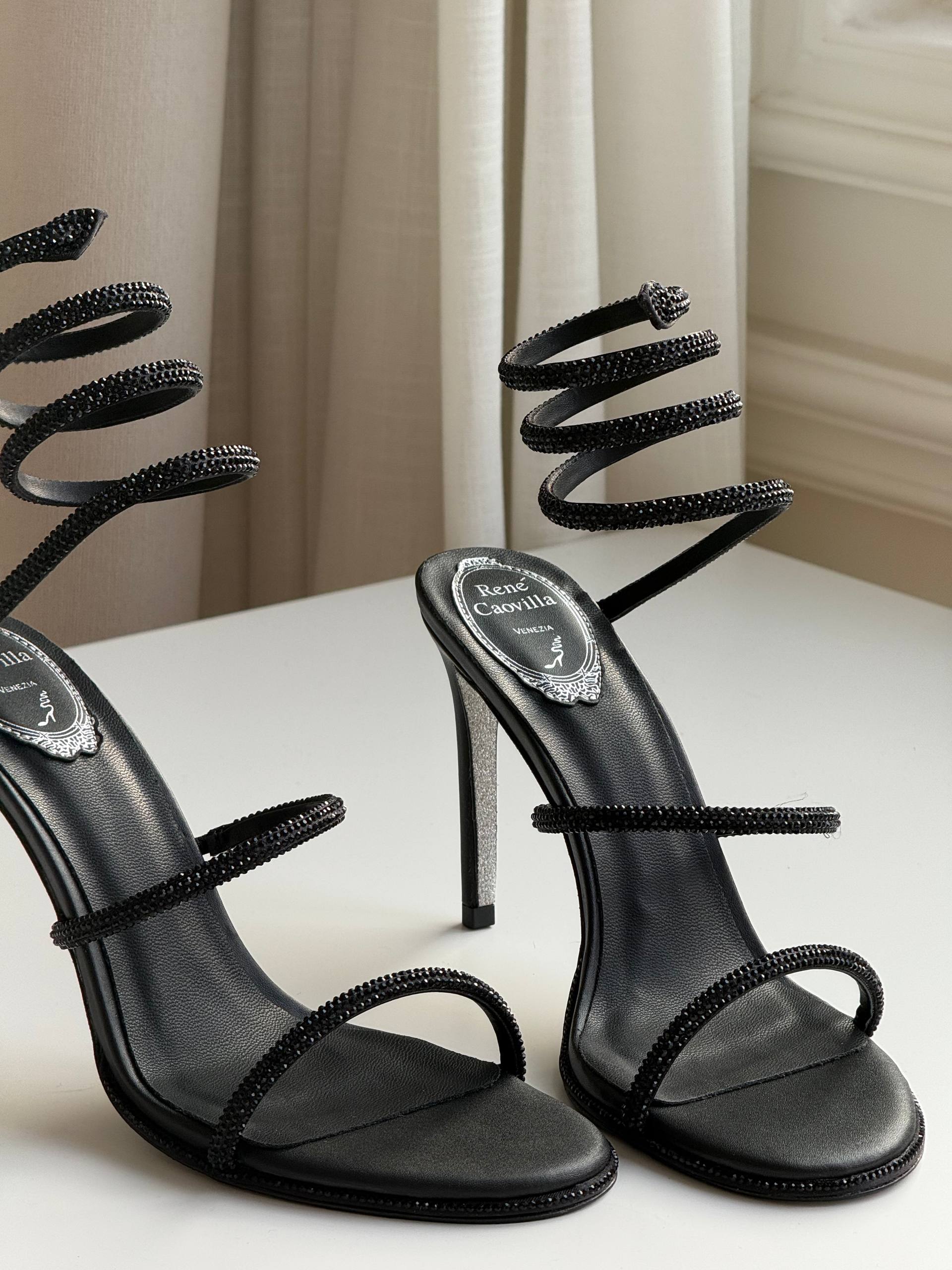 Rene Caovilla Cleo Black Crystal Wrap-around Sandals