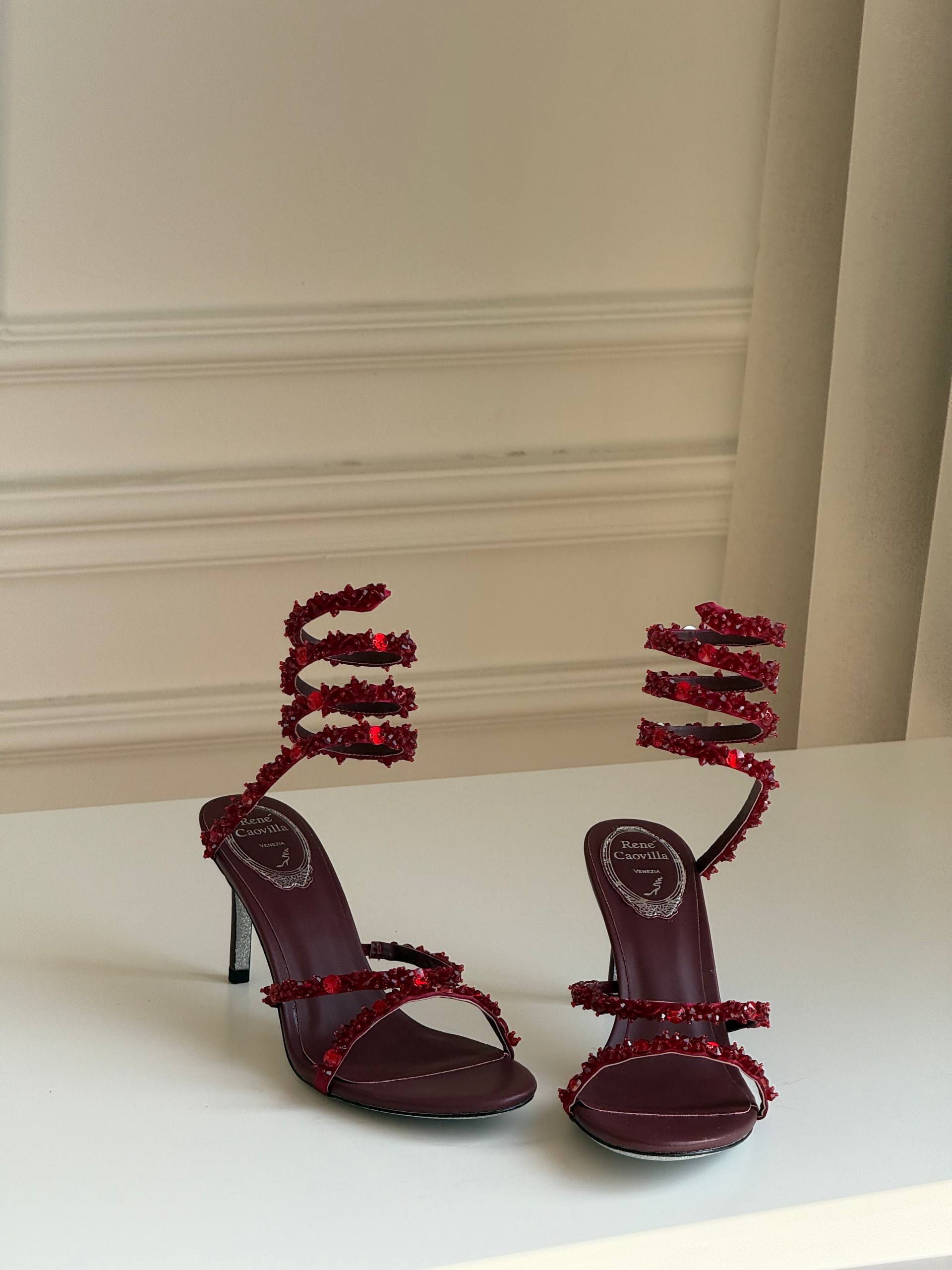 René Caovilla Cleo Burgundy Crystal Coil Strap Sandals