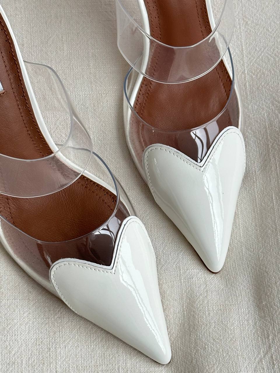Alaïa Off-white Patent Leather Heart Toe Double Clear PVC Strap Stiletto Mule Sandals