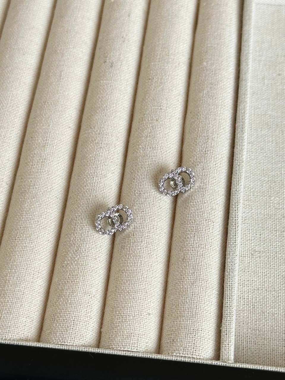 Dior Silver Full Crystal Interlocking CD Mini Stud Earrings