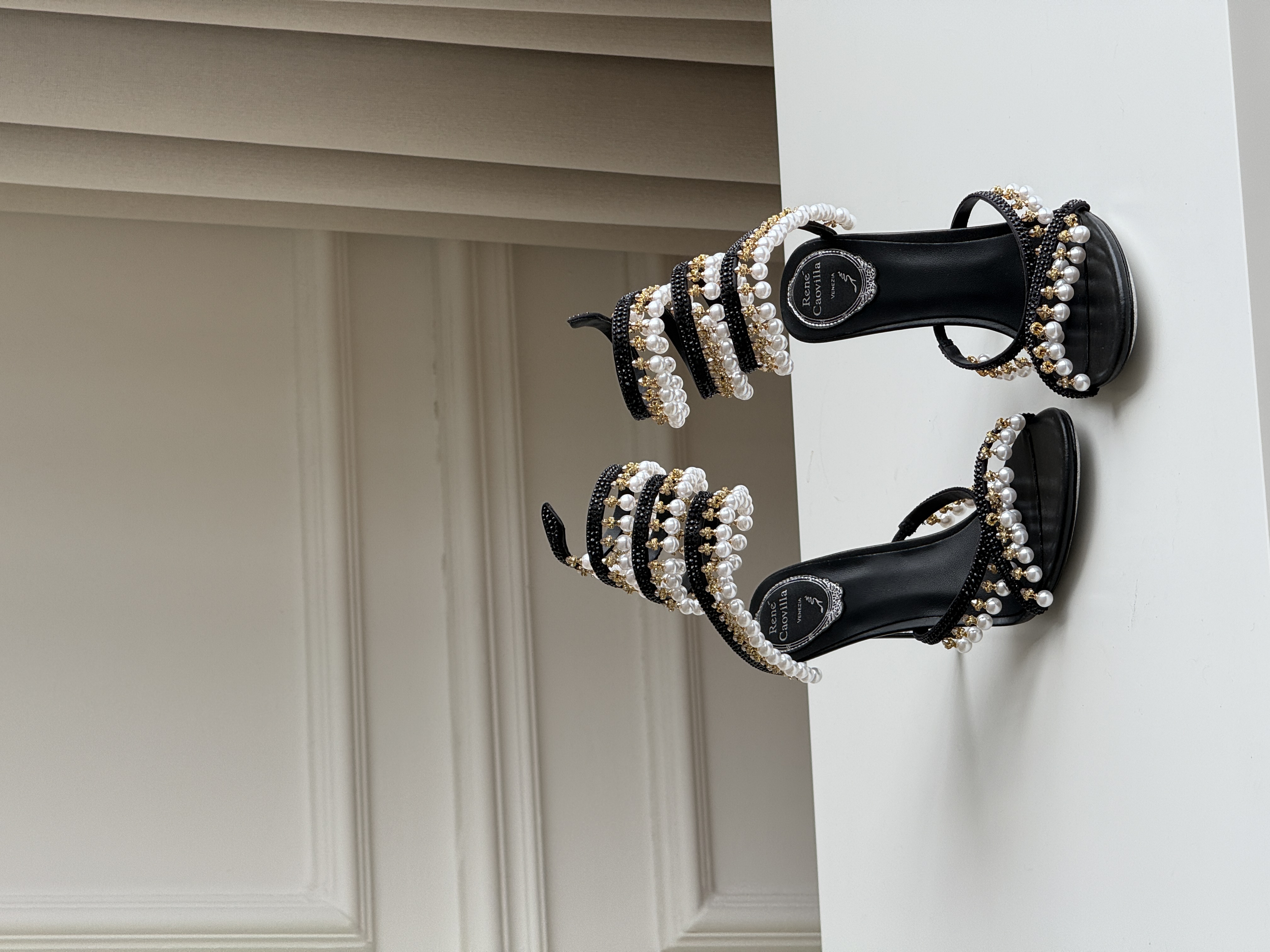 René Caovilla Pearl Wrapped Snake Thin Heel Sandals