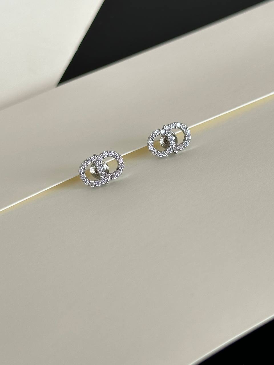 Dior Silver Full Crystal Interlocking CD Mini Stud Earrings