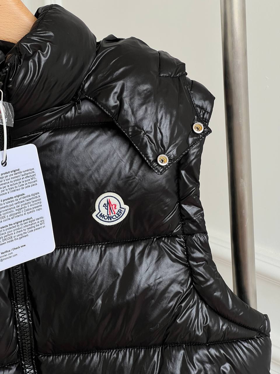 Moncler Black Shiny Nylon Detachable Hood Down Gilet Vest