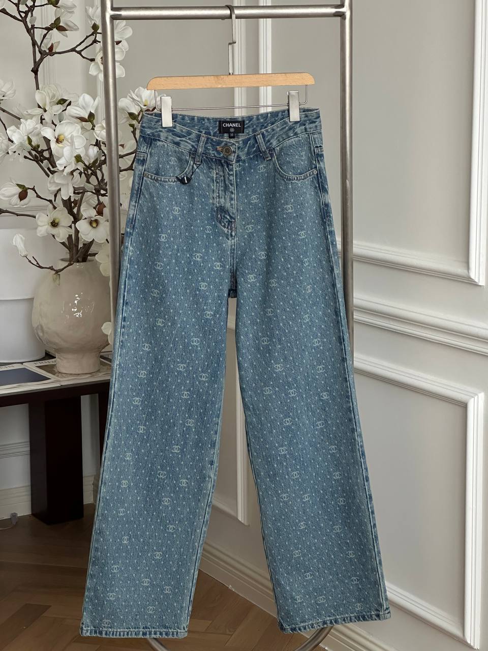 Chanel Light Wash Blue All Over Interlocking CC Polka Dot High Waist Wide Leg Jeans