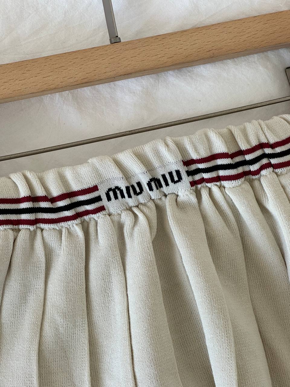Miu Miu Cream Striped Trim Letter Embroidery Knit Cami Top & High Waist Pleated Skirt Two Piece Set