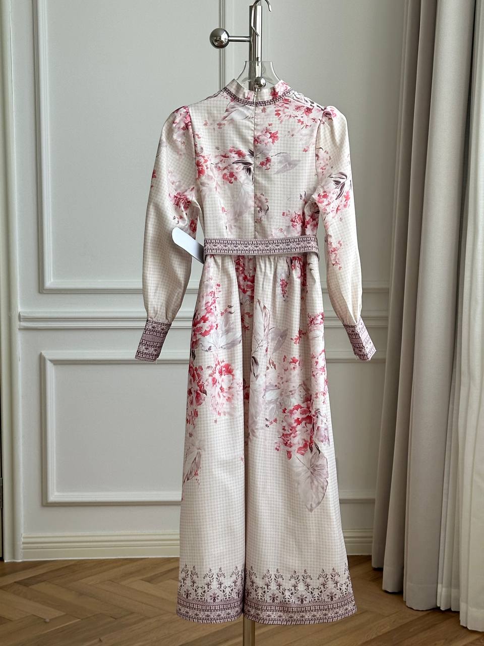 Beige Base Pink Floral Print Stand Collar Button Bubble Long Sleeve Belted Maxi Dress