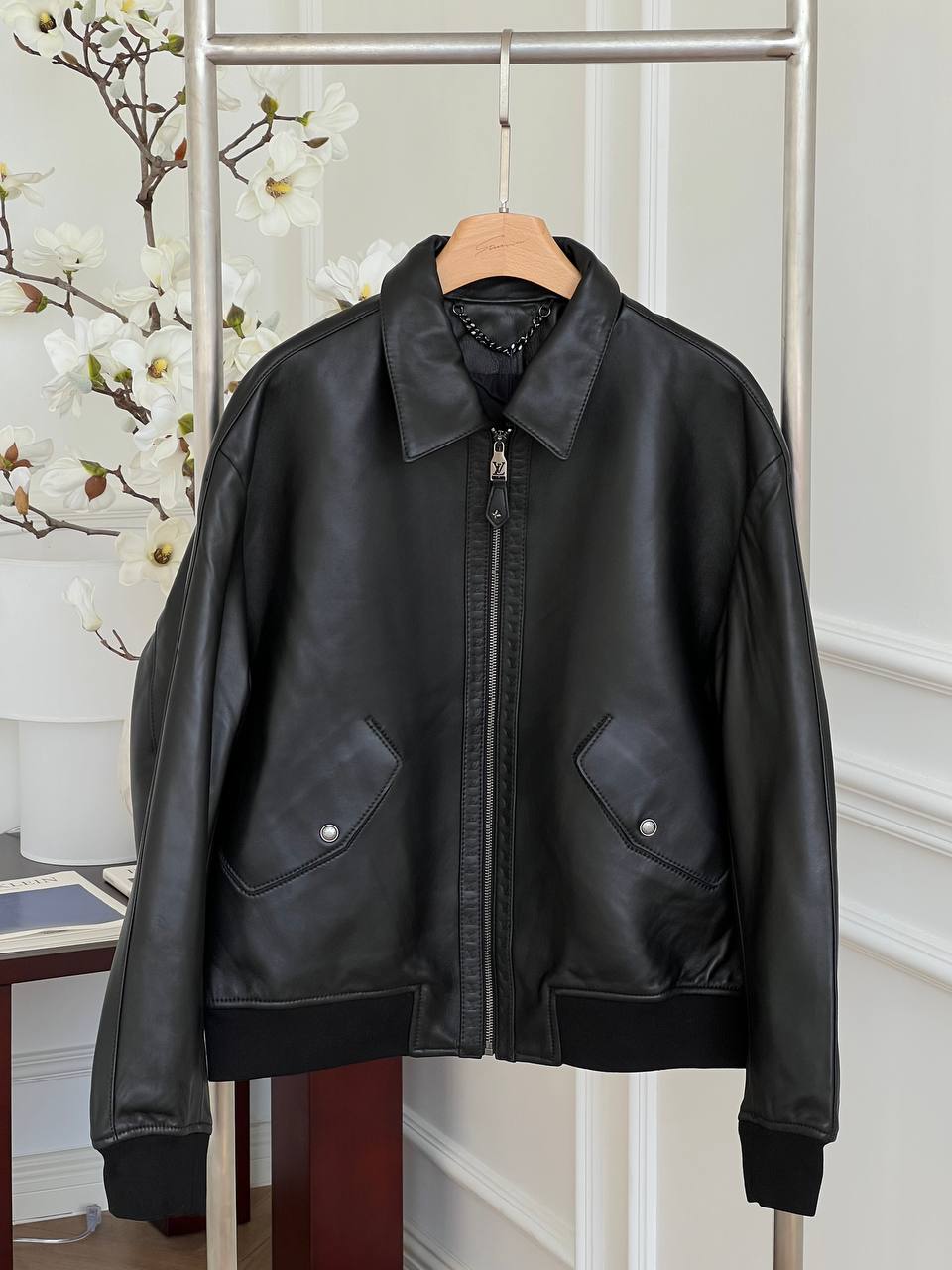 Louis Vuitton Black Lambskin Collared Zip Bomber Leather Jacket