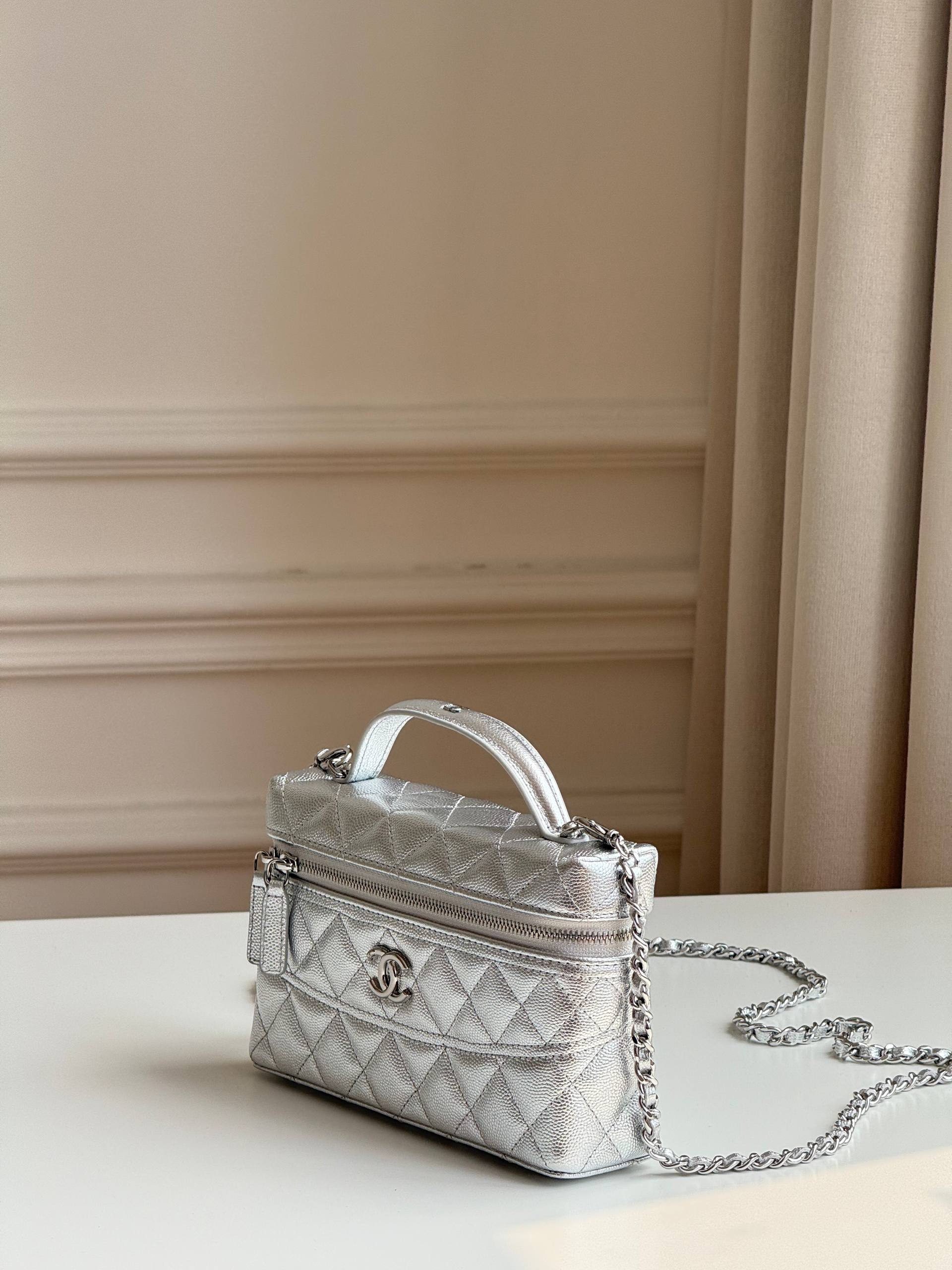 Chanel Silver Caviar Quilted Rectangular Chain Cosmetic Bag