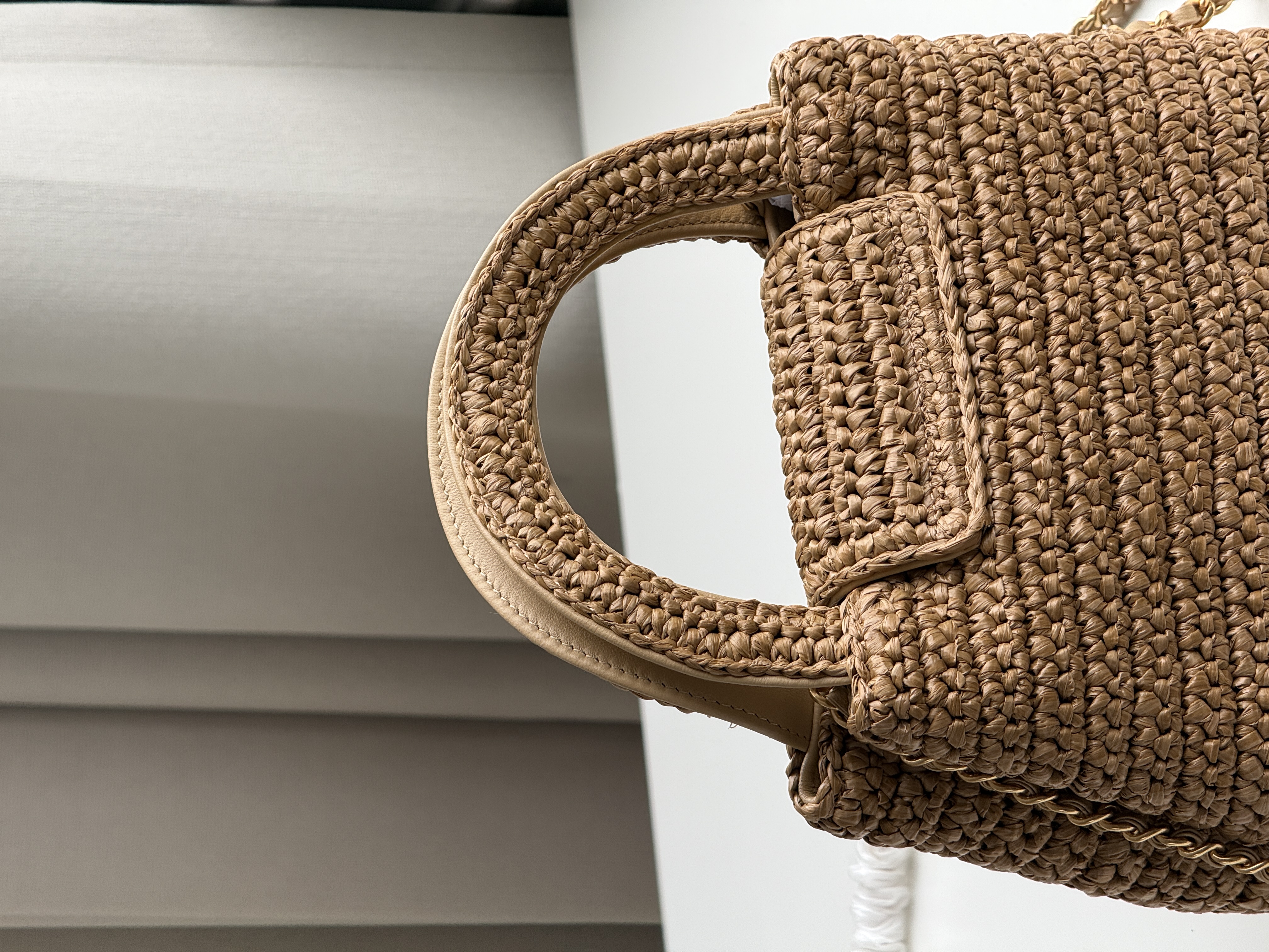 CHANEL Light Brown Raffia Woven Mini CC Flap Handbag