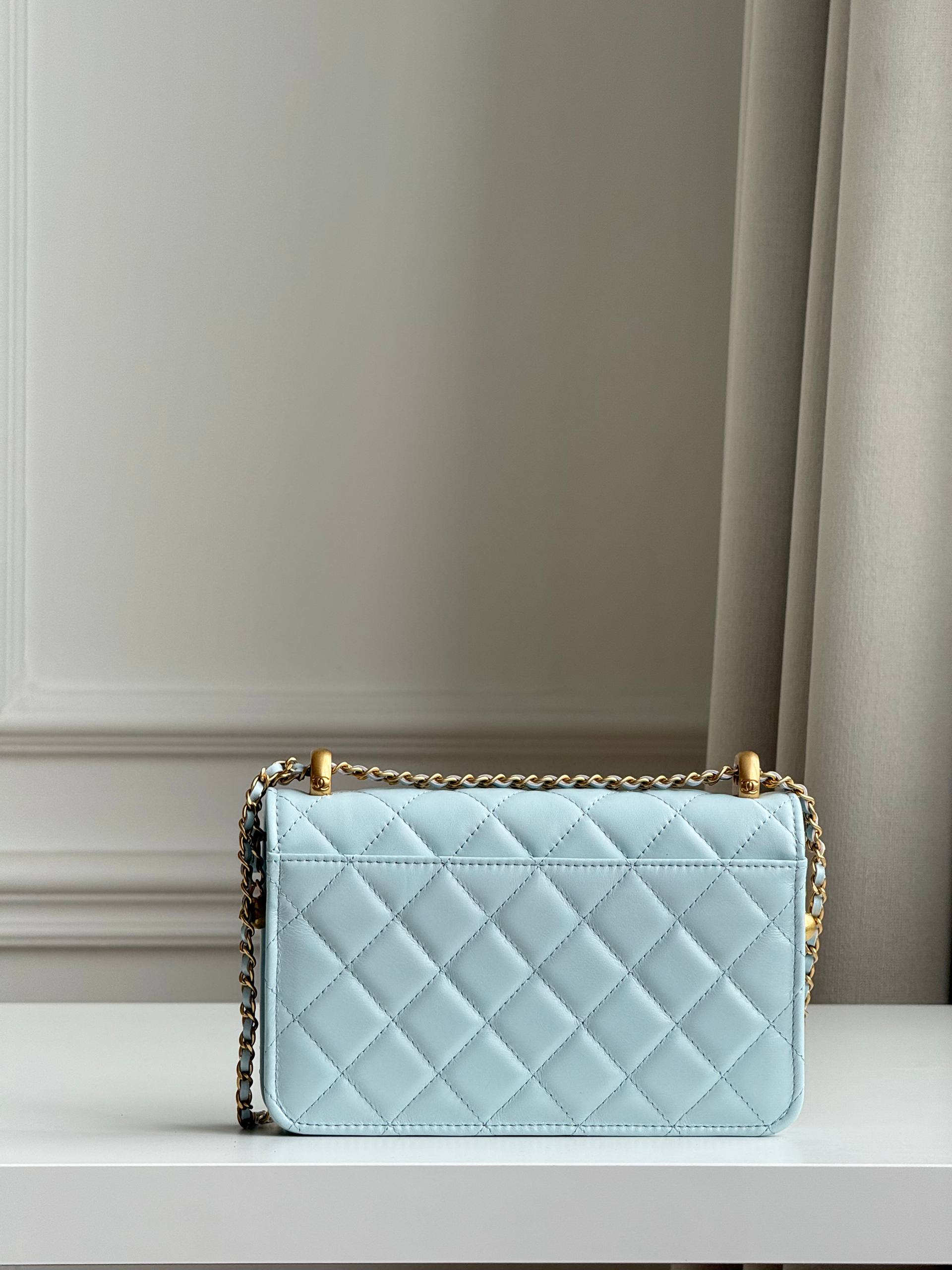 Chanel Pale Blue Lambskin Gold Bead Crossbody Bag