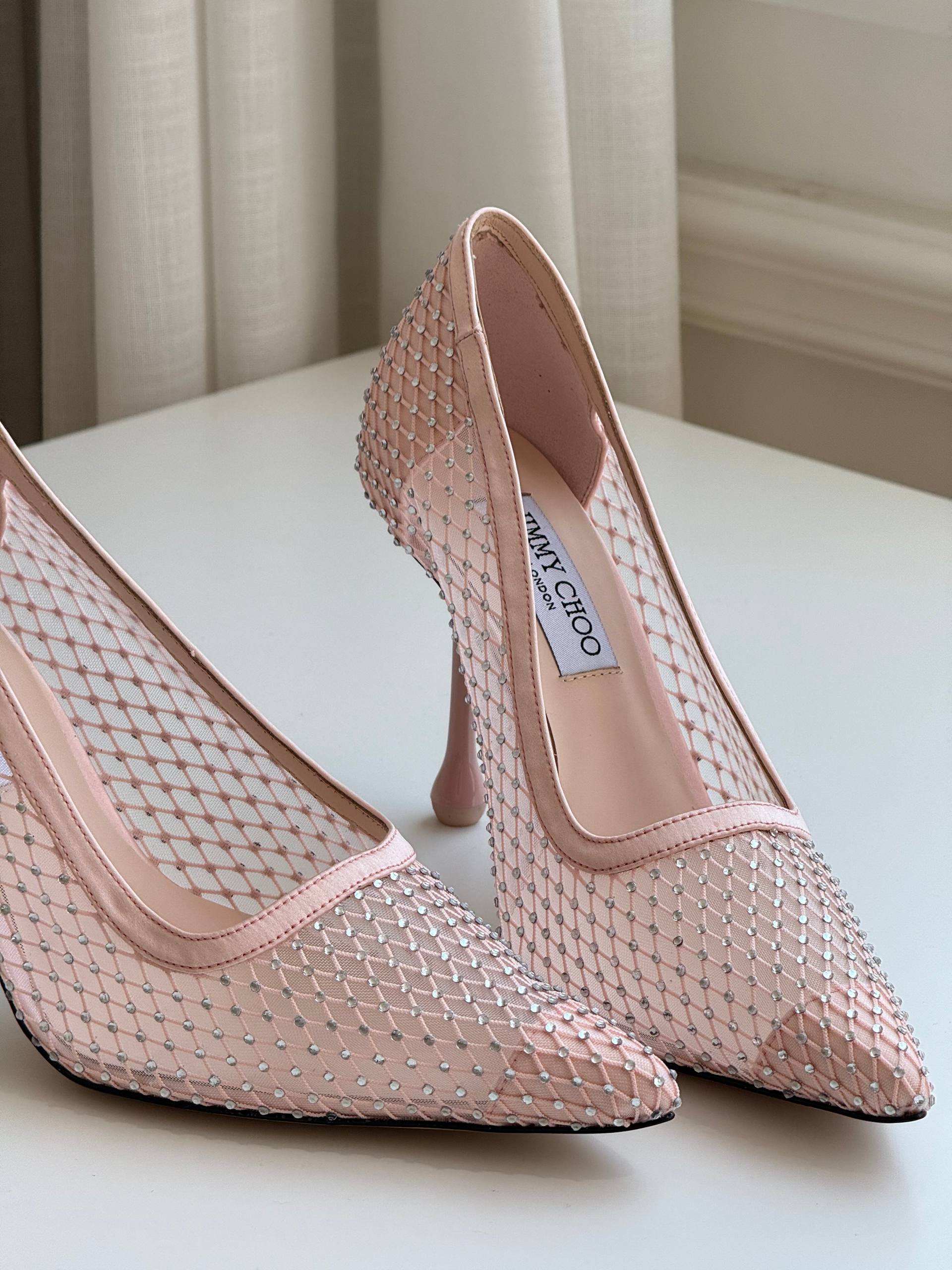 Jimmy Choo Love 85 Ballet Pink Mesh Pointed-Toe Pumps with Dégradé Crystals