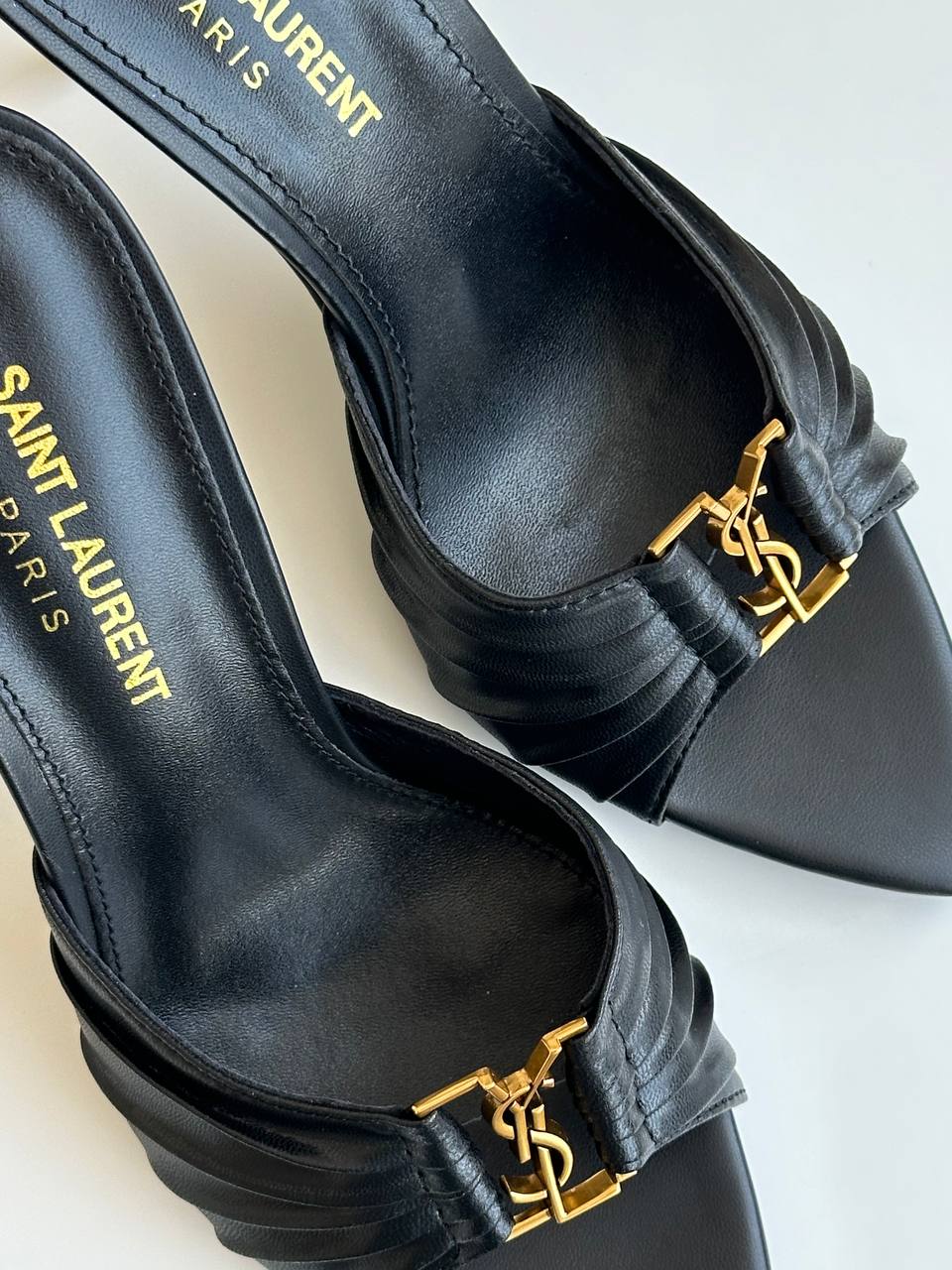 Saint Laurent Black Lambskin Ruched Front Gold YSL Logo Pointed Toe Stiletto Mule Slides