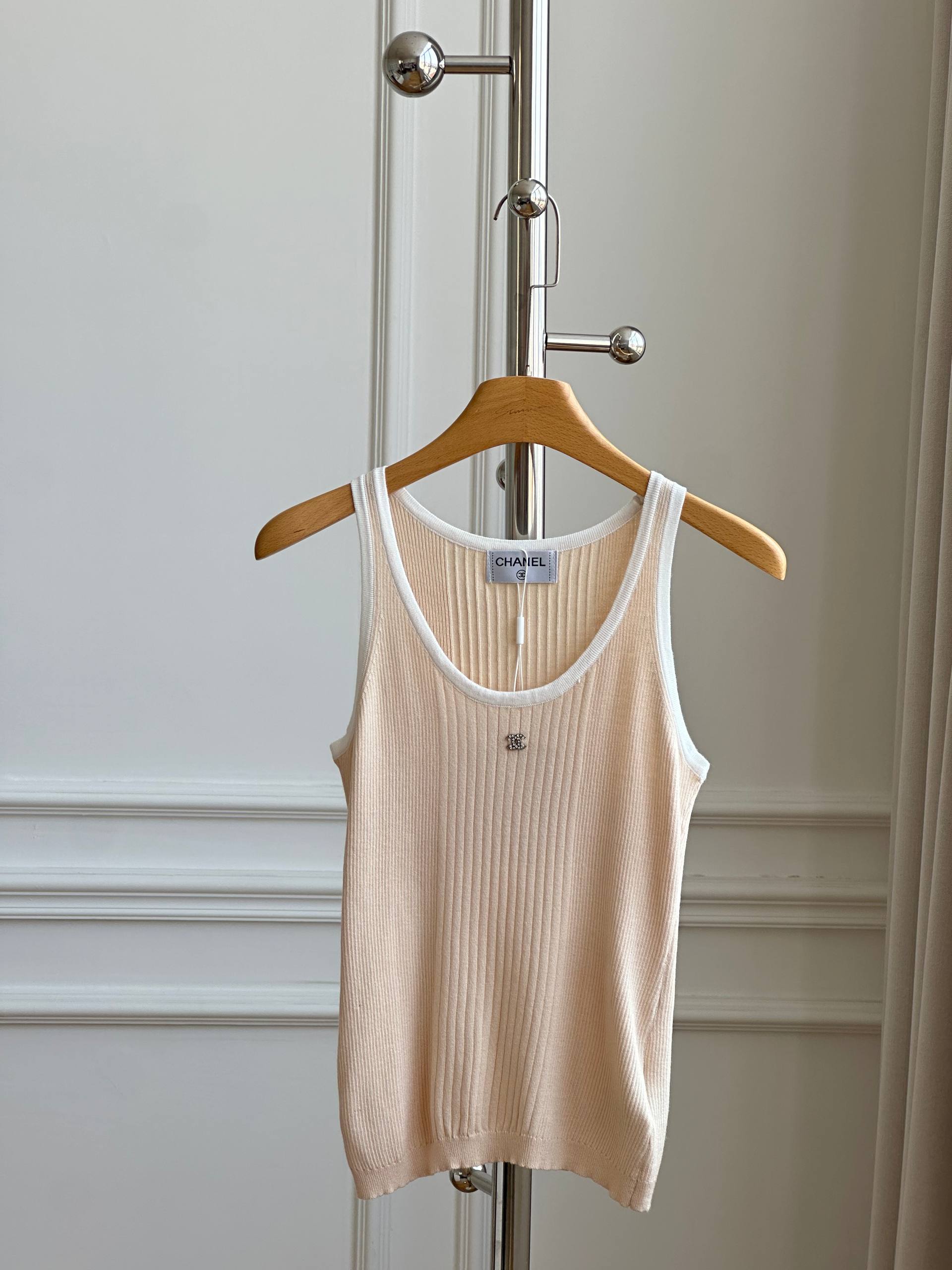 Chanel Light Apricot Ribbed Knit Tank Top with White Trim & CC Logo