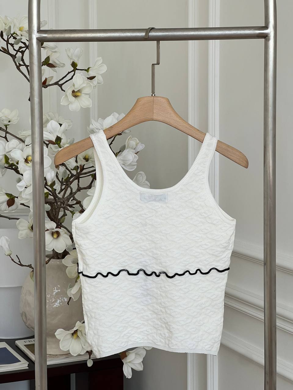 Chanel White Textured Jacquard Knit Tank Top With Crystal CC Logo