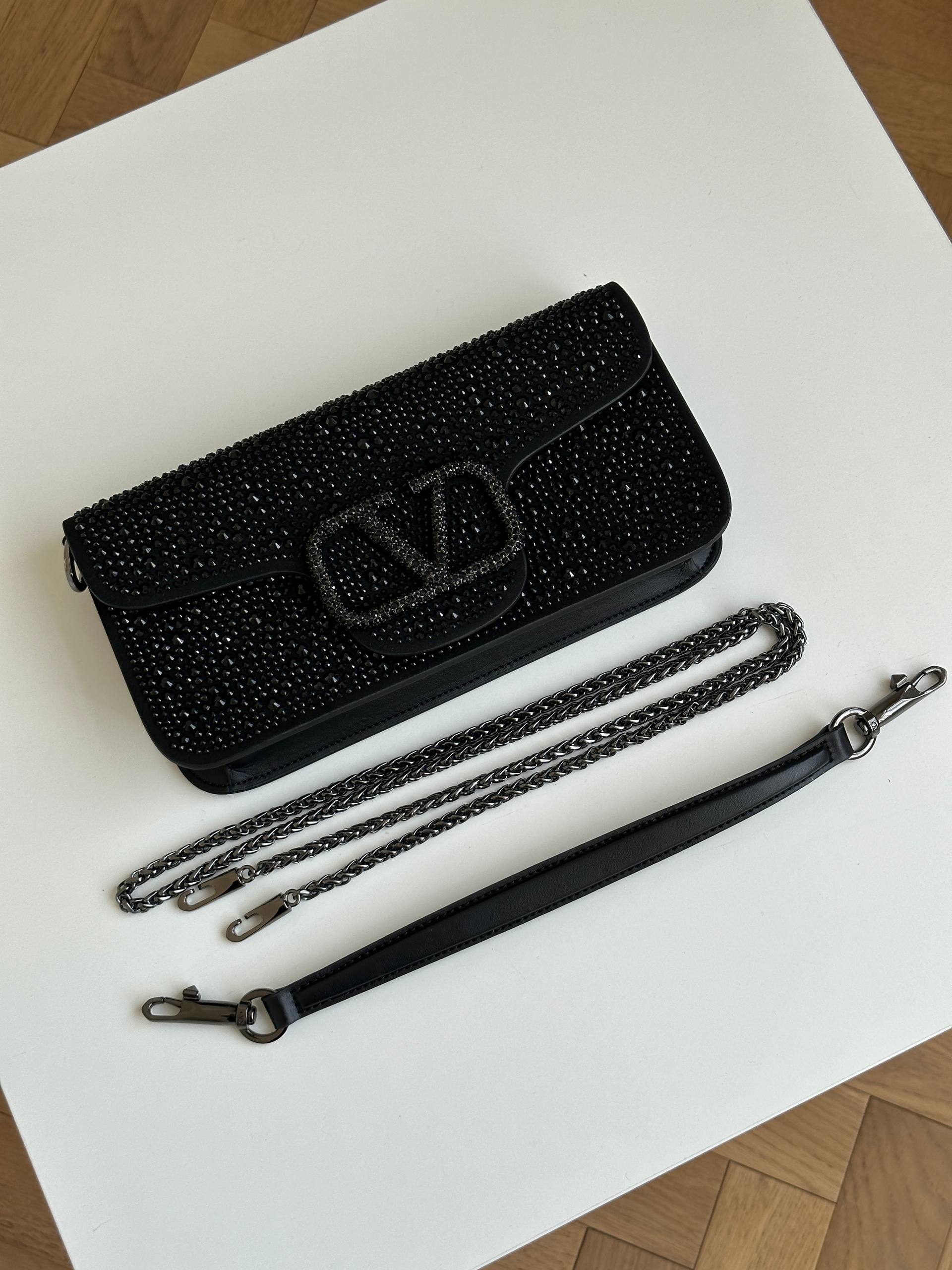 Valentino Black Full Crystal VLogo Flap Baguette Shoulder Bag