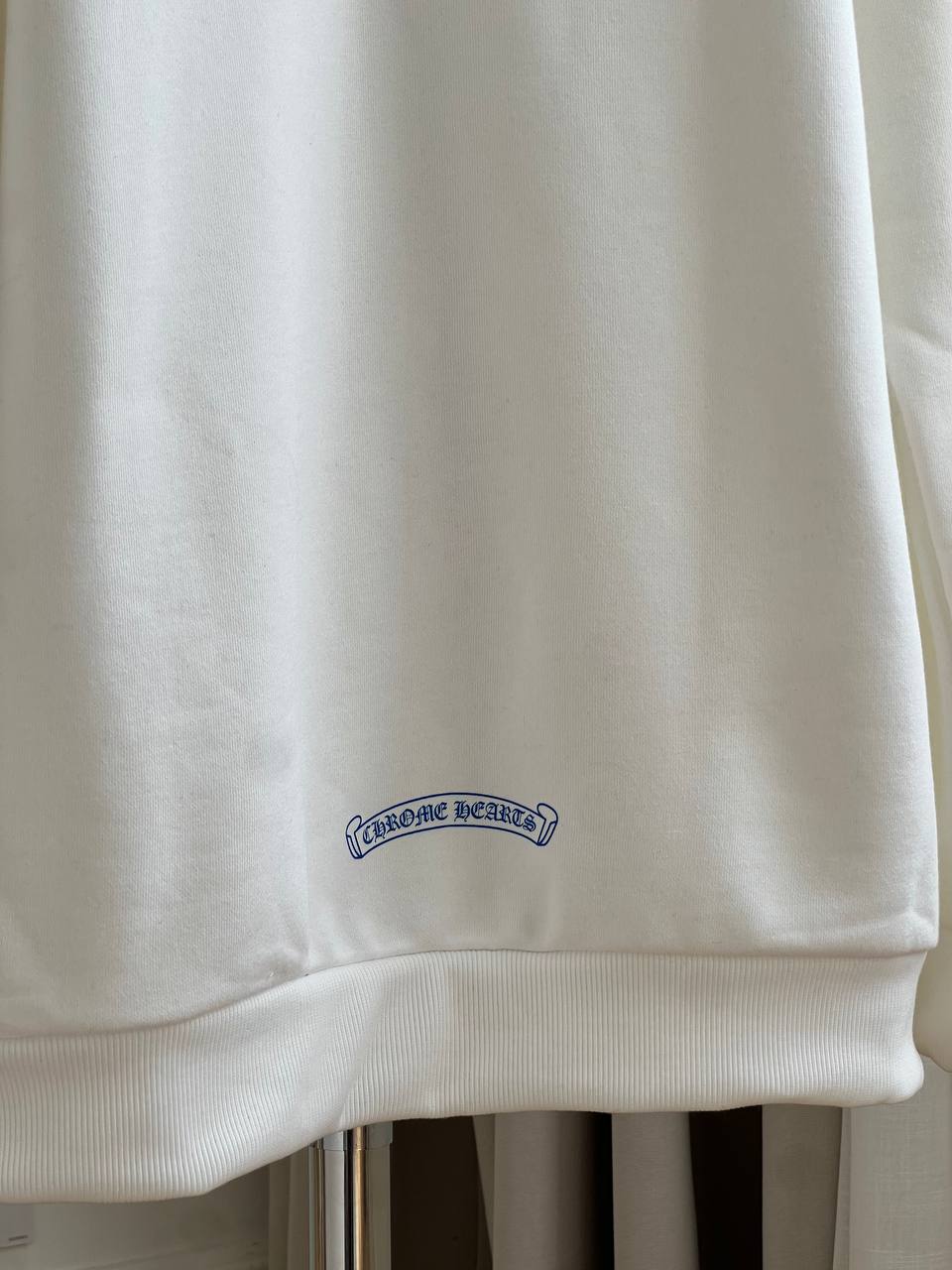 Chrome Hearts White Zip-Up Hooded Jacket With Blue Gothic Vertical Letter Print