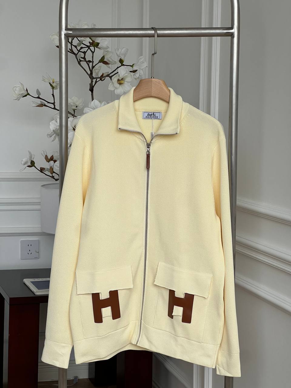 Hermès Butter Yellow Stand Collar H Logo Zip-up Knit Cardigan Jacket