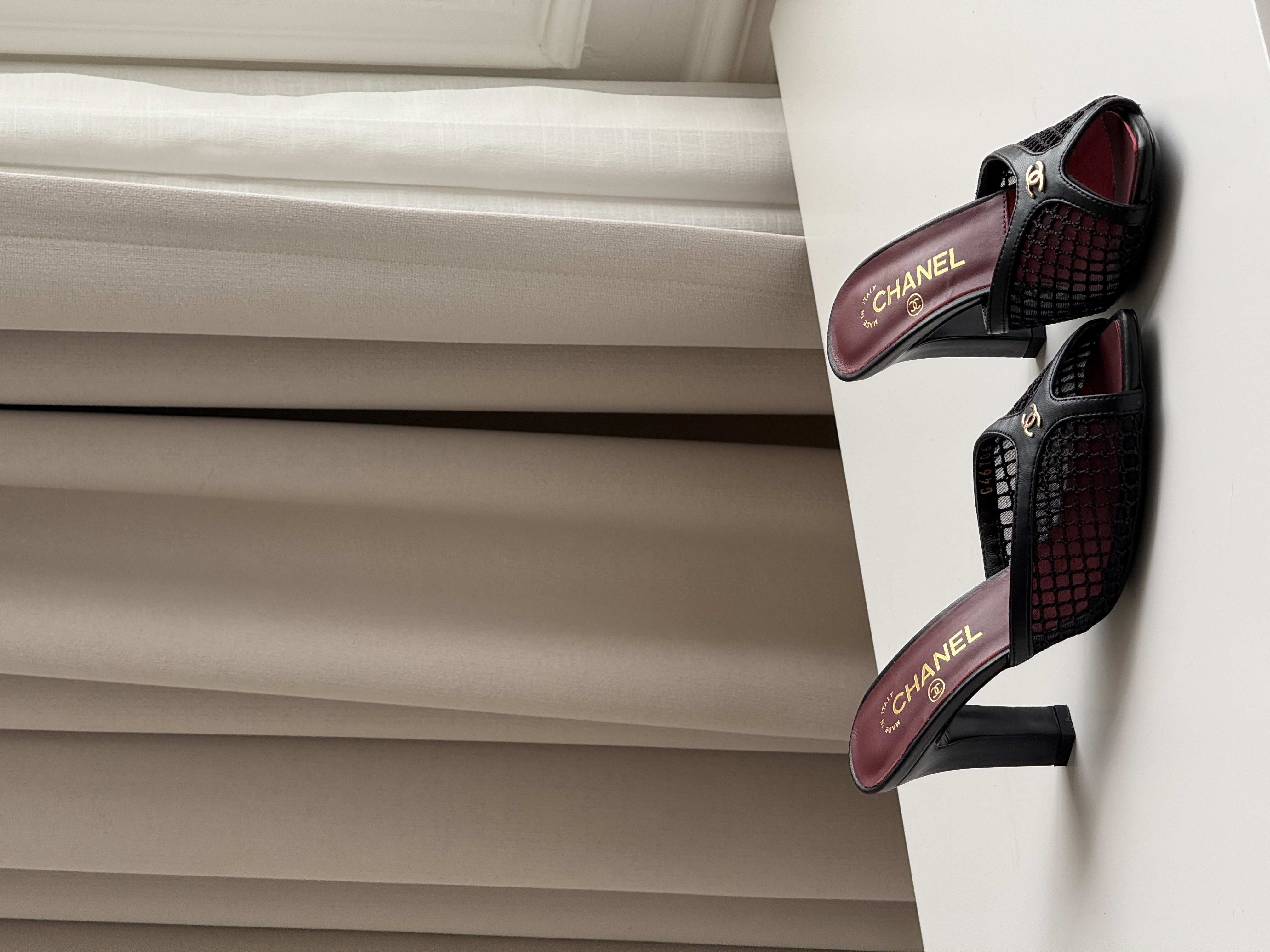 CHANEL Mesh Peep-Toe Block-Heel Mules
