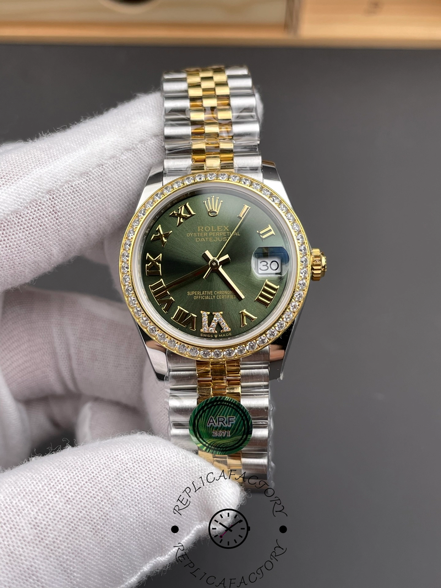 Rolex Datejust 36 Yellow Gold & Diamonds Olive Green Diamond Pave Roman Dial m126283rbr 0011