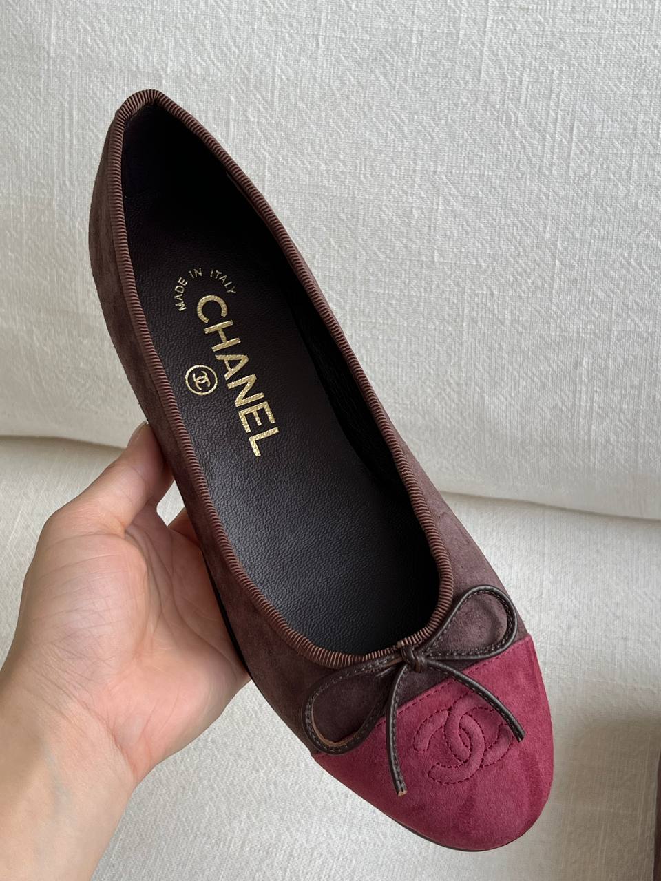 Chanel Dark Brown & Wine Red Contrast Suede Bow CC Logo Flat Ballet Flats