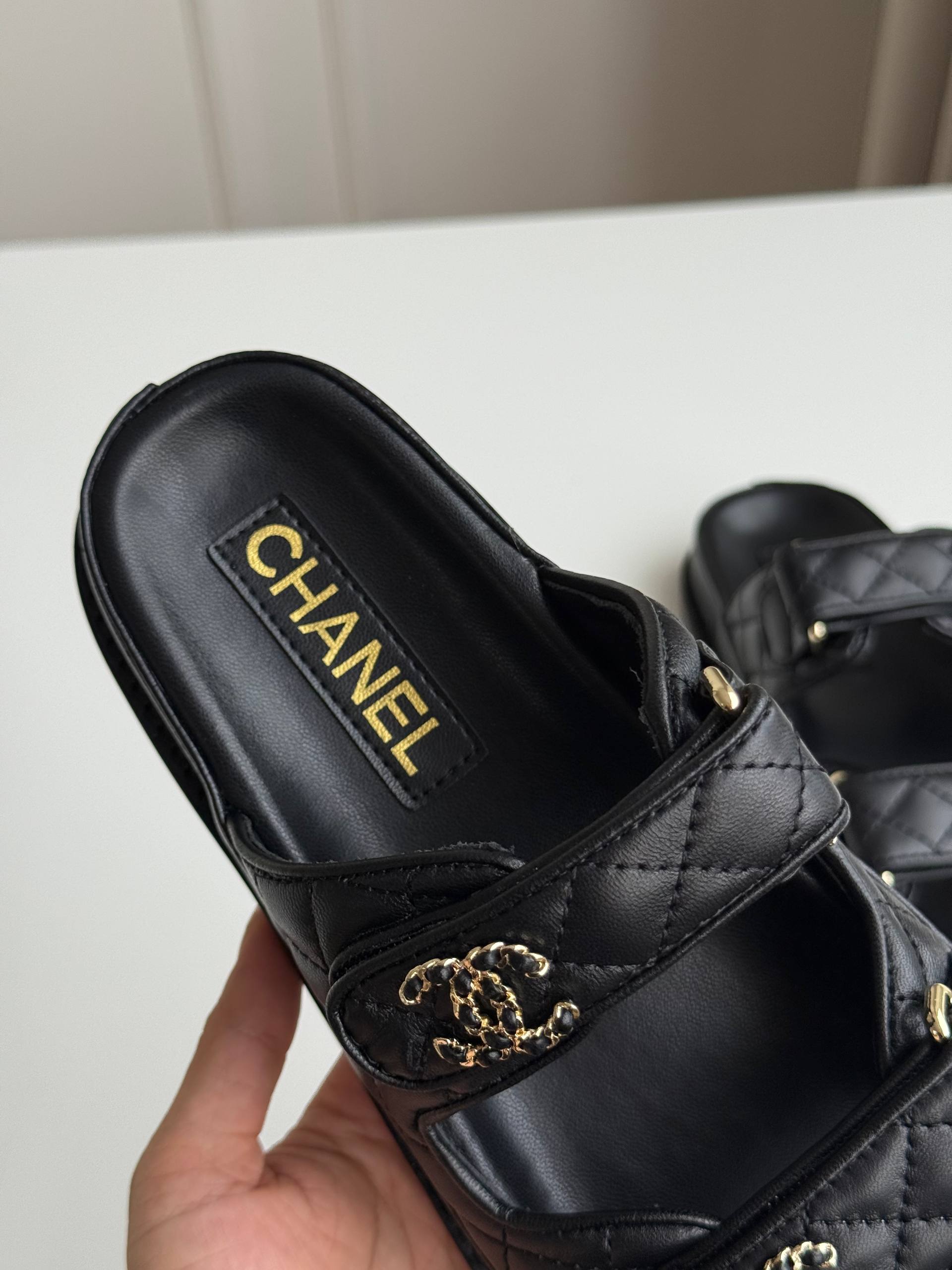 Chanel Double C Buckle Quilted Magic Strap Flat Slide Sandals