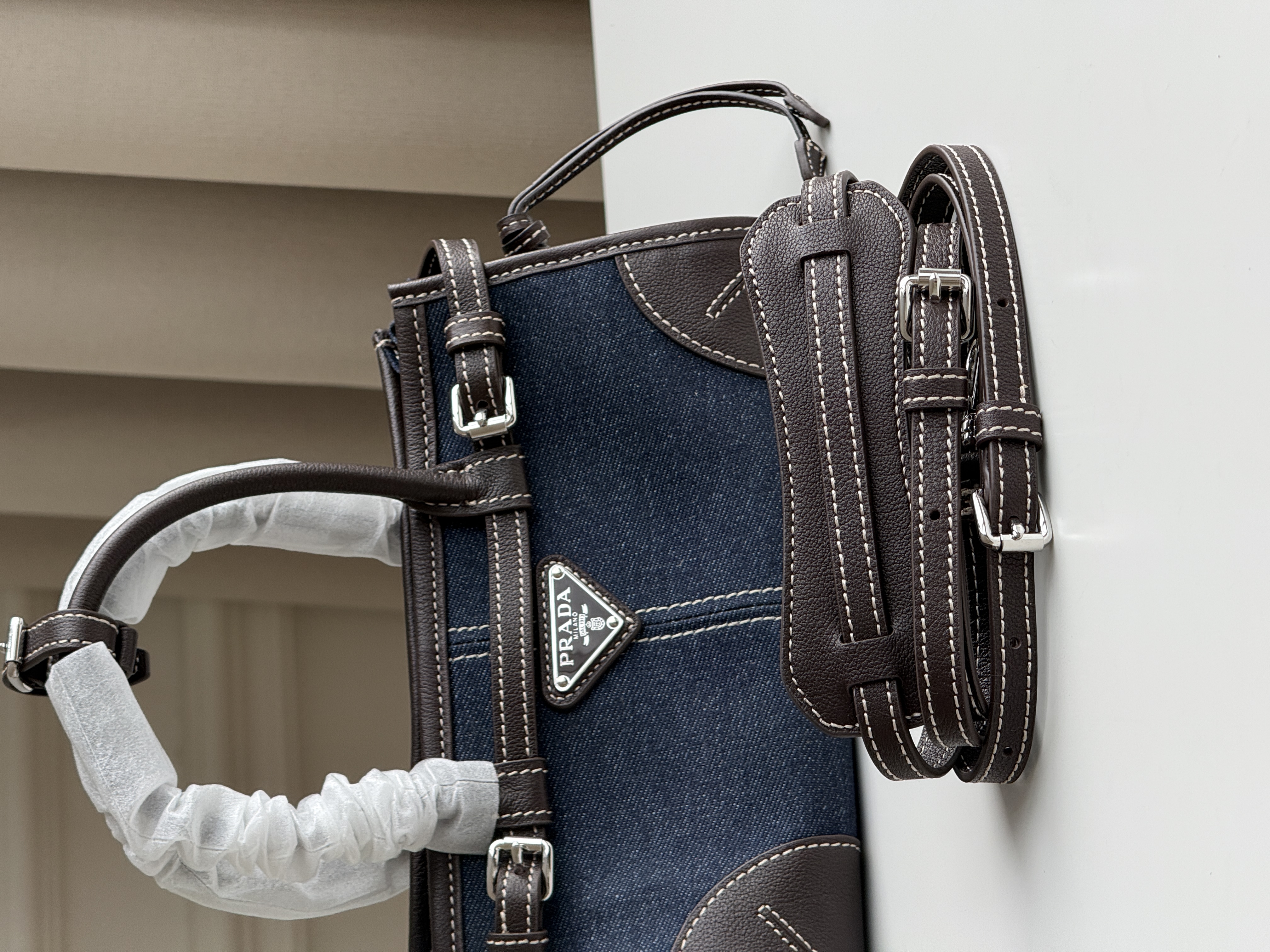 Prada Dark Blue Denim & Leather Trim Triangle Logo Tote Handbag
