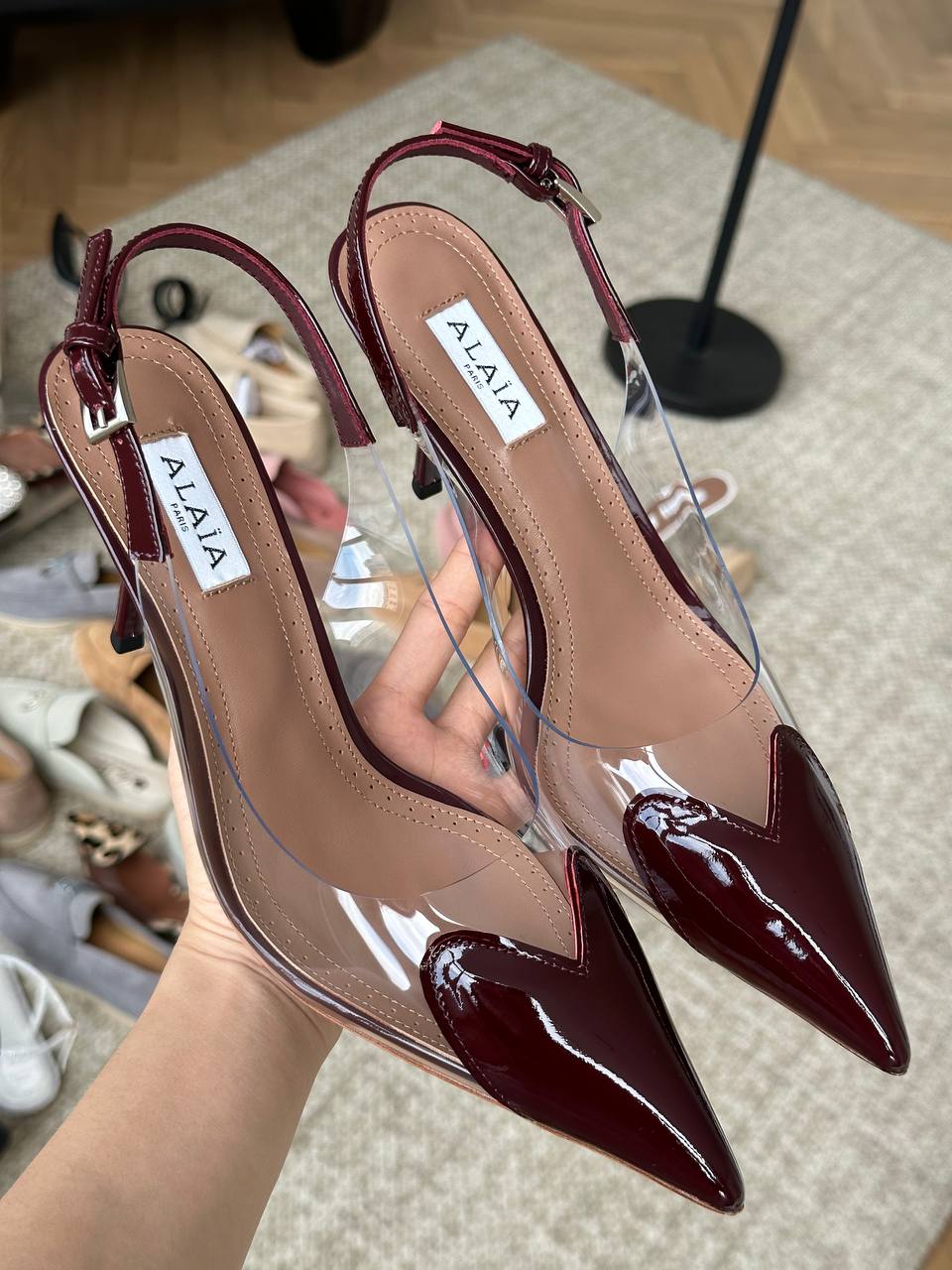 ALAÏA Burgundy Patent Leather Pointed Toe Clear PVC Slingback Stiletto Heels