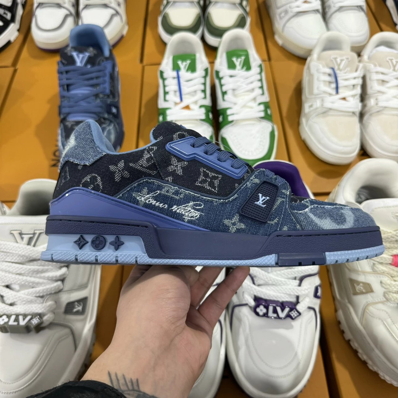 LV Trainer Full Print Logo Denim Blue