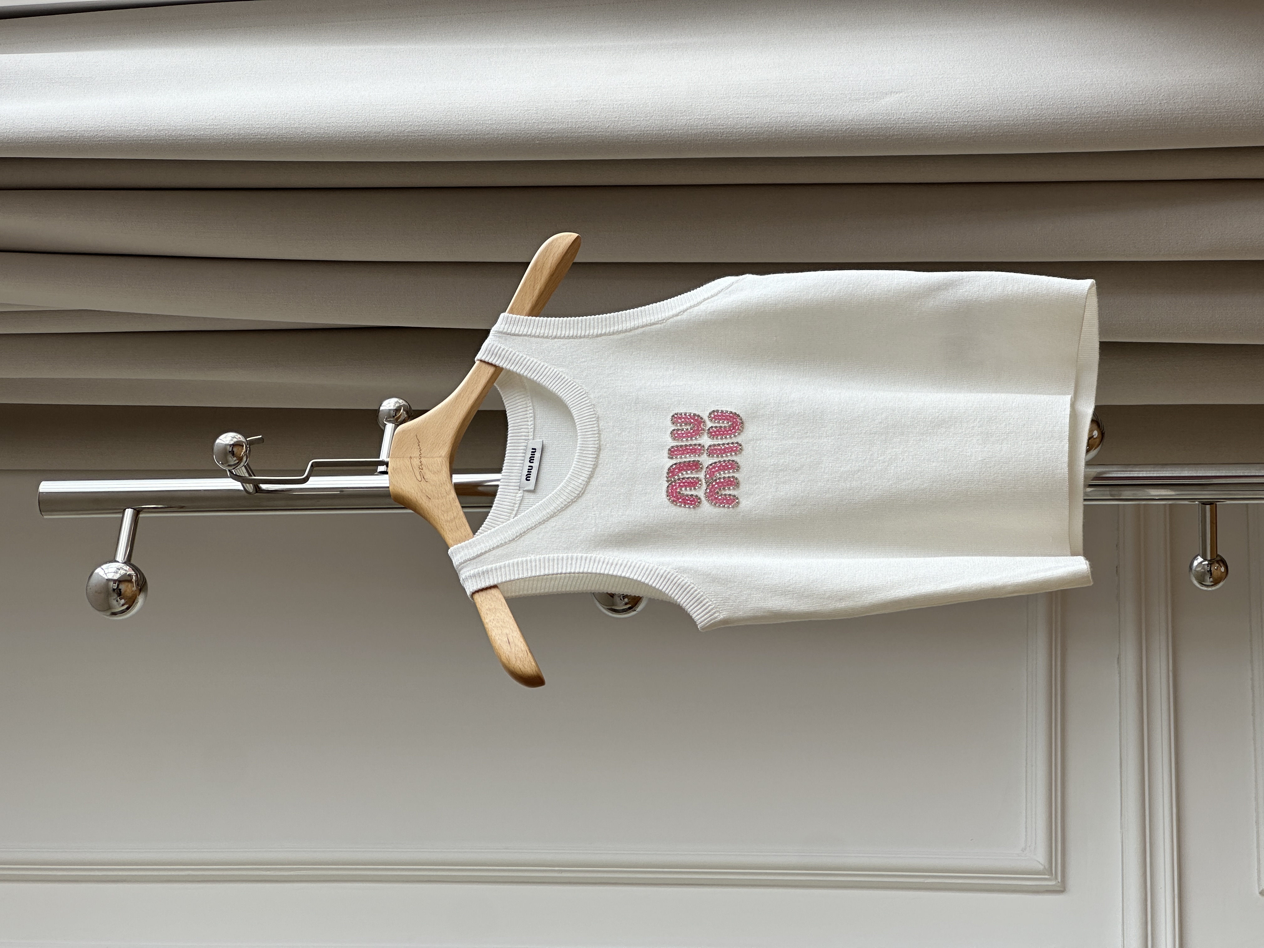 Miu Miu Off White Pink Crystal Logo Knit Tank Top