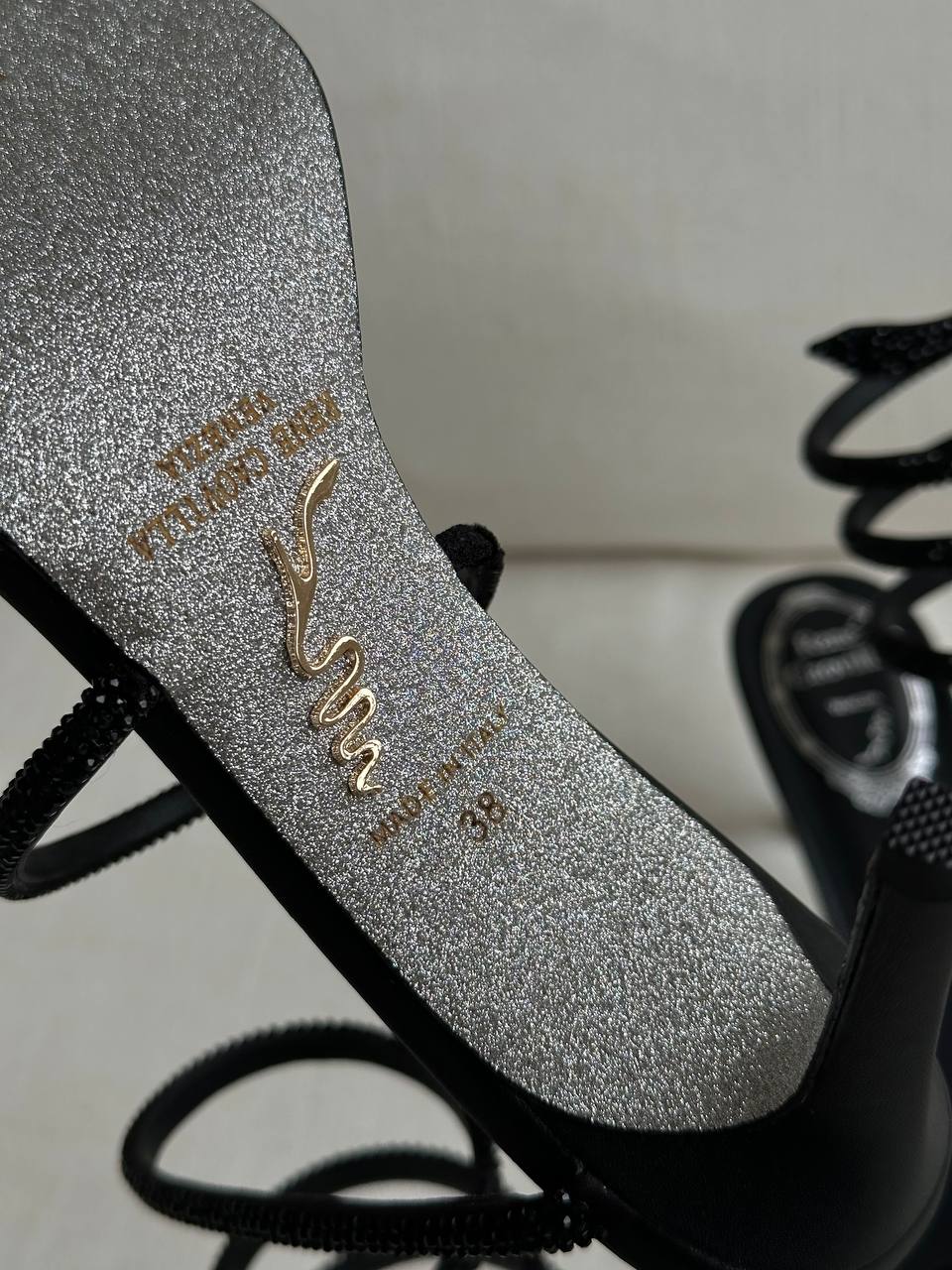 Rene Caovilla Black Crystal Snake-wrap Strap Open-toe Stiletto Heel Sandals