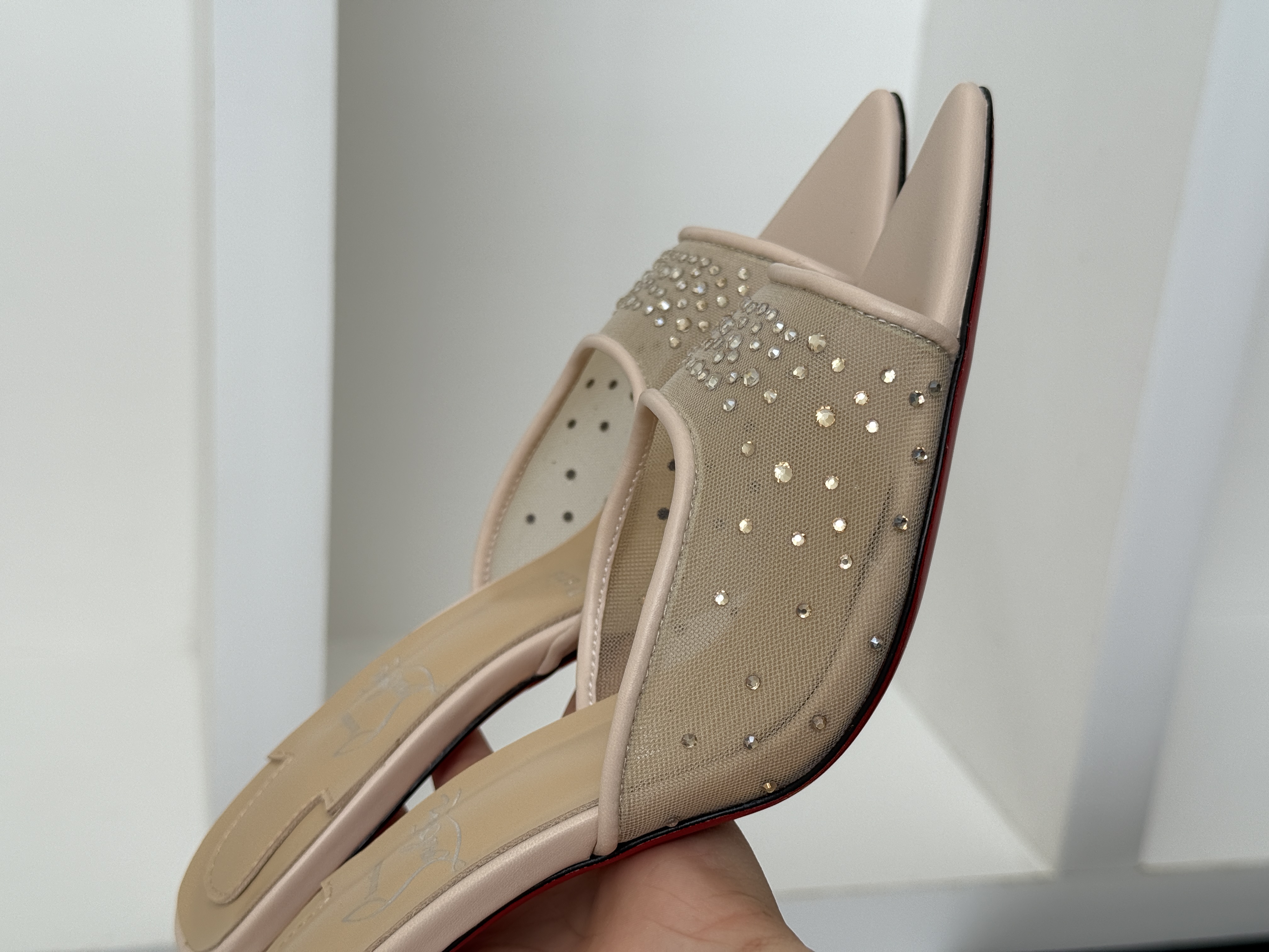 Christian Louboutin Mesh Crystal Pointed-Toe Red Sole Mule Heels