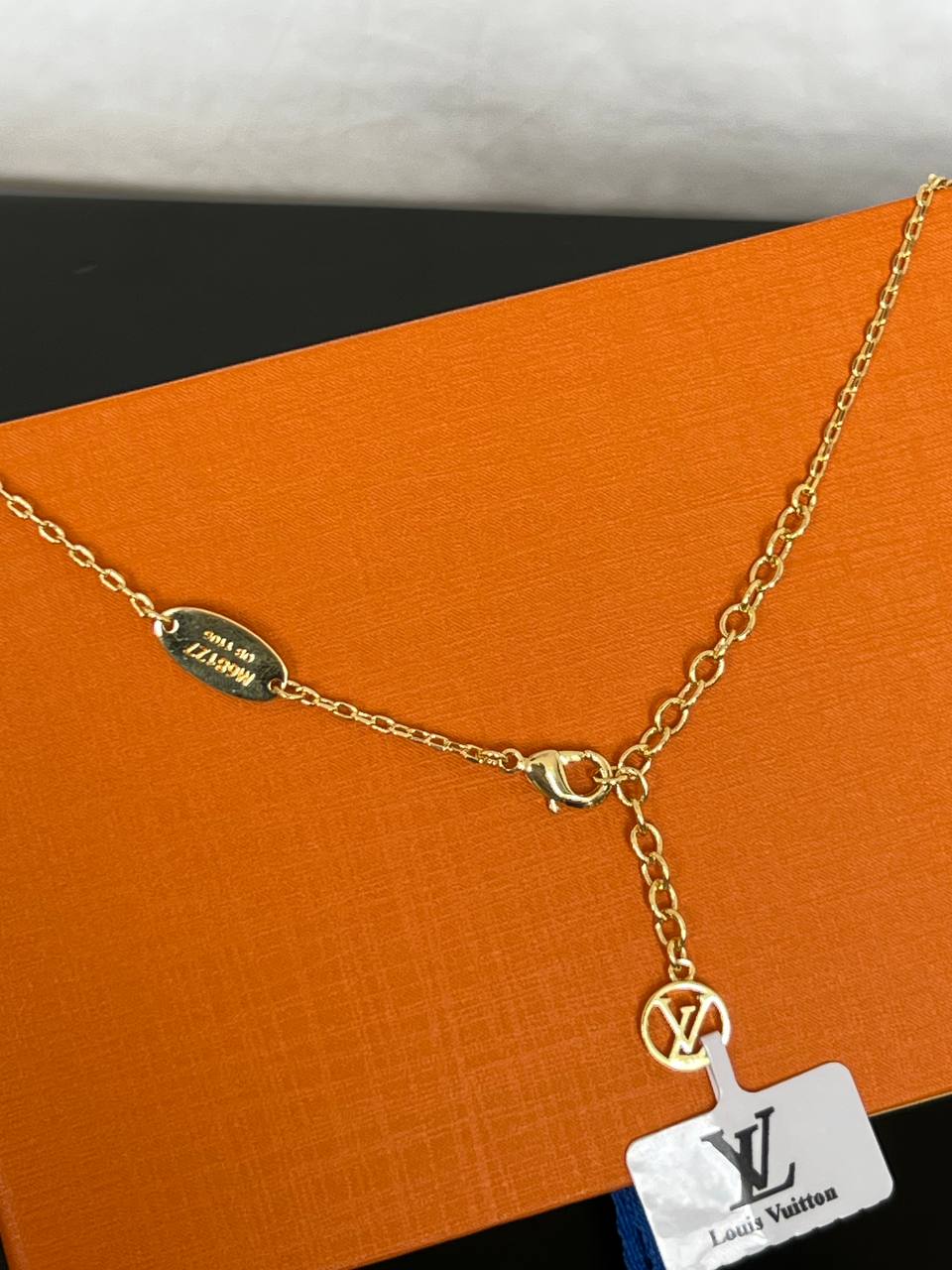 Louis Vuitton Gold Metal Triple Layer Necklace Set With LV Logo, Clover Charms & Pearl Pendant