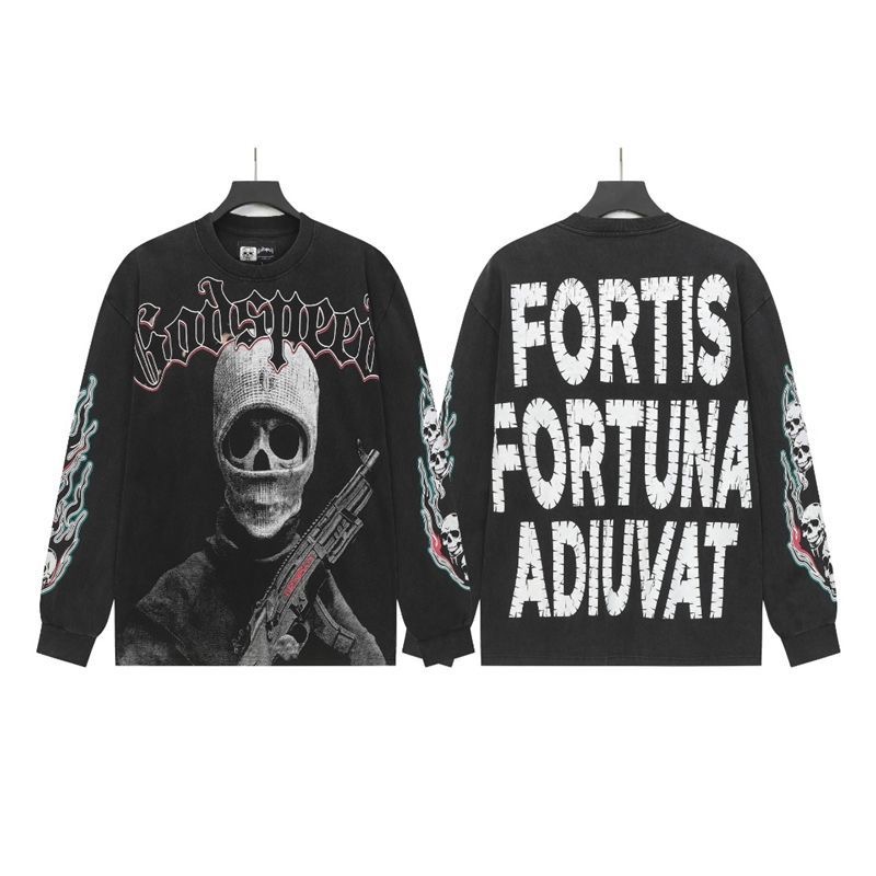 Godspeed Skeleton Letter Printed Washed Outdated Long Sleeve Street Versatile Couple T-shirt