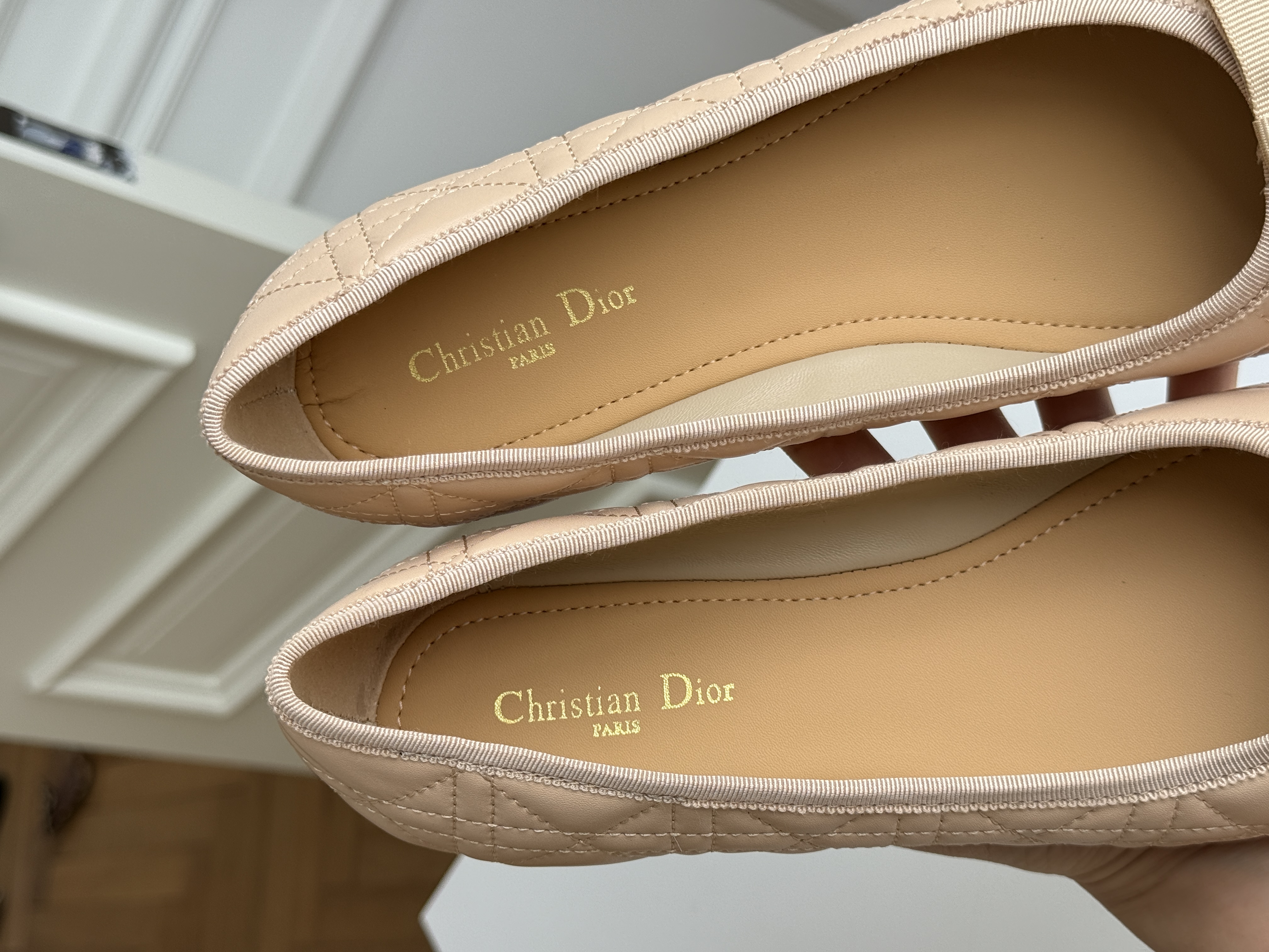 Nude Quilted Pearl Bow Flat Ballet Shoes