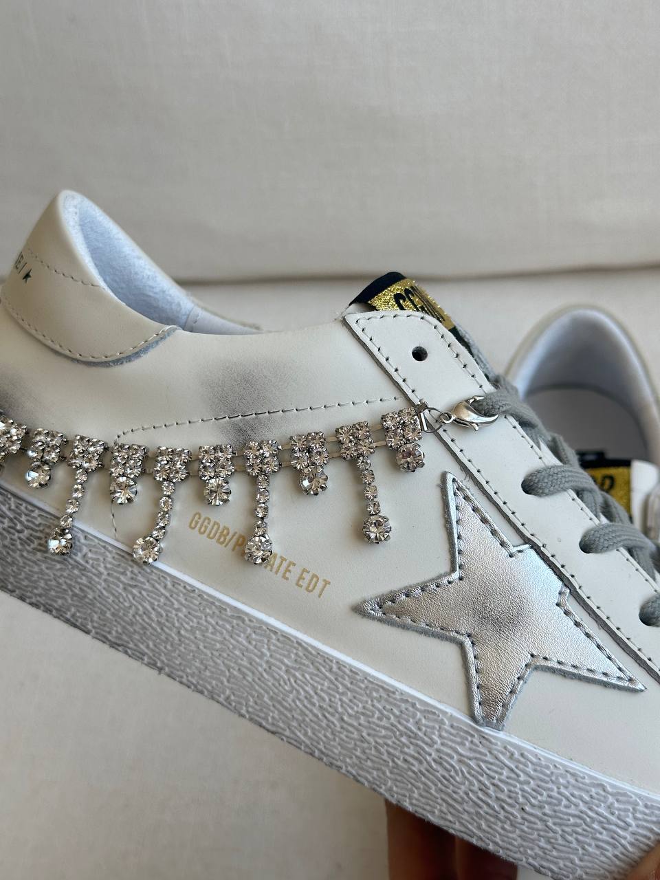 Golden Goose Super-star Crystal Tassel Distressed Star White Sneakers