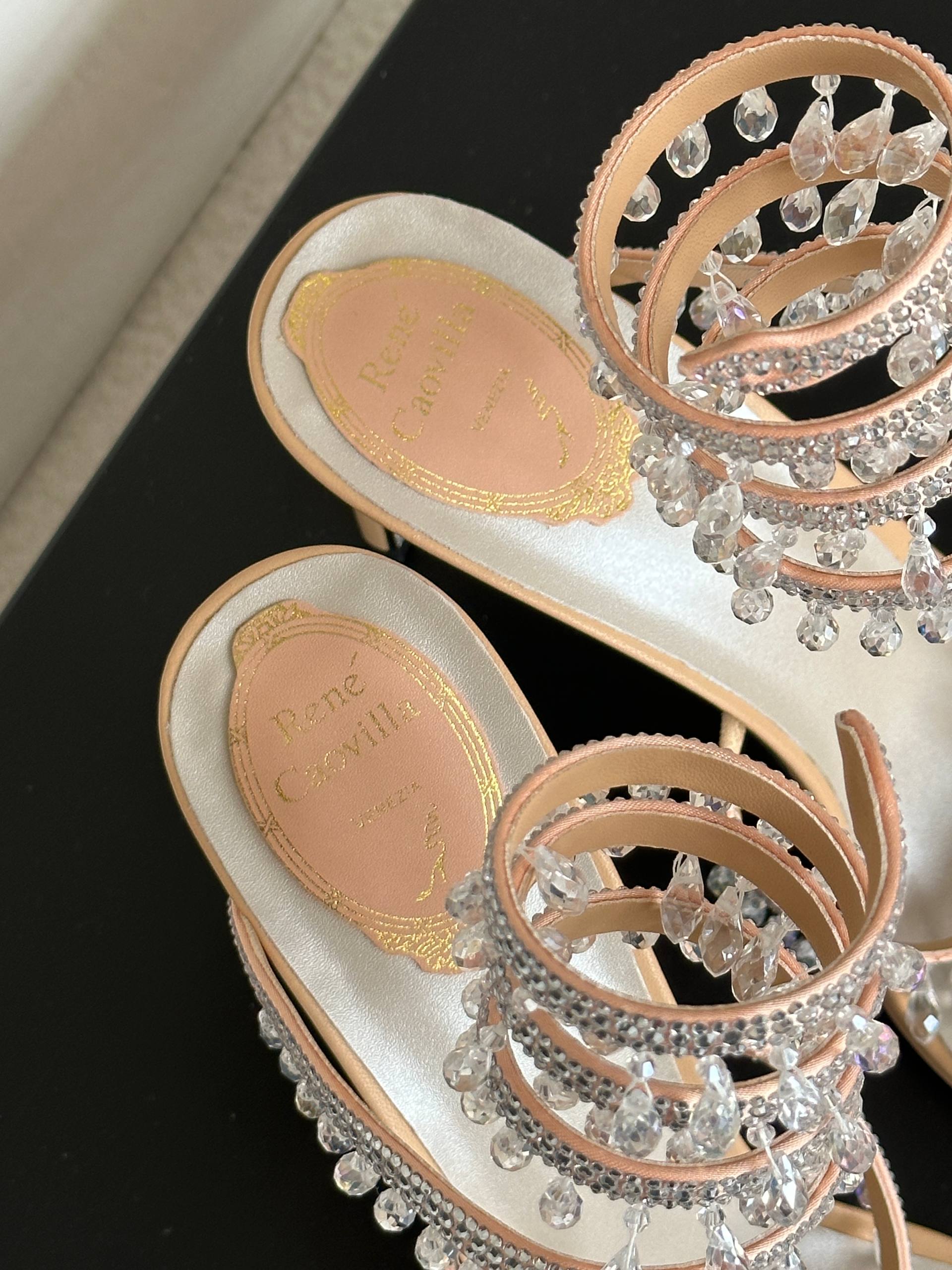Rene Caovilla Nude Multi-layer Crystal Ankle Wrap Tassel Stiletto Heel Sandals