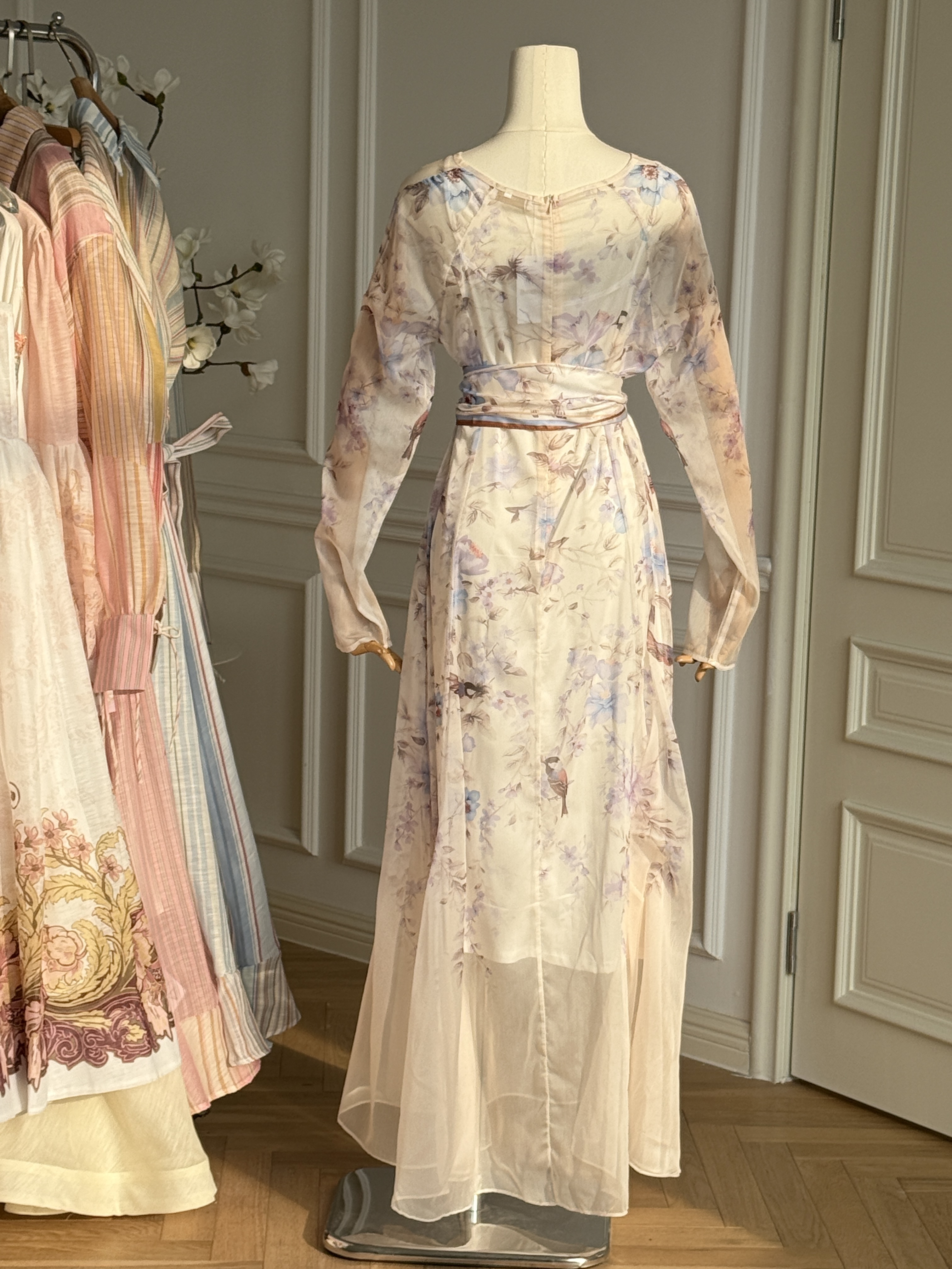 French Vintage Printed Waisted Spaghetti Strap Maxi Dress