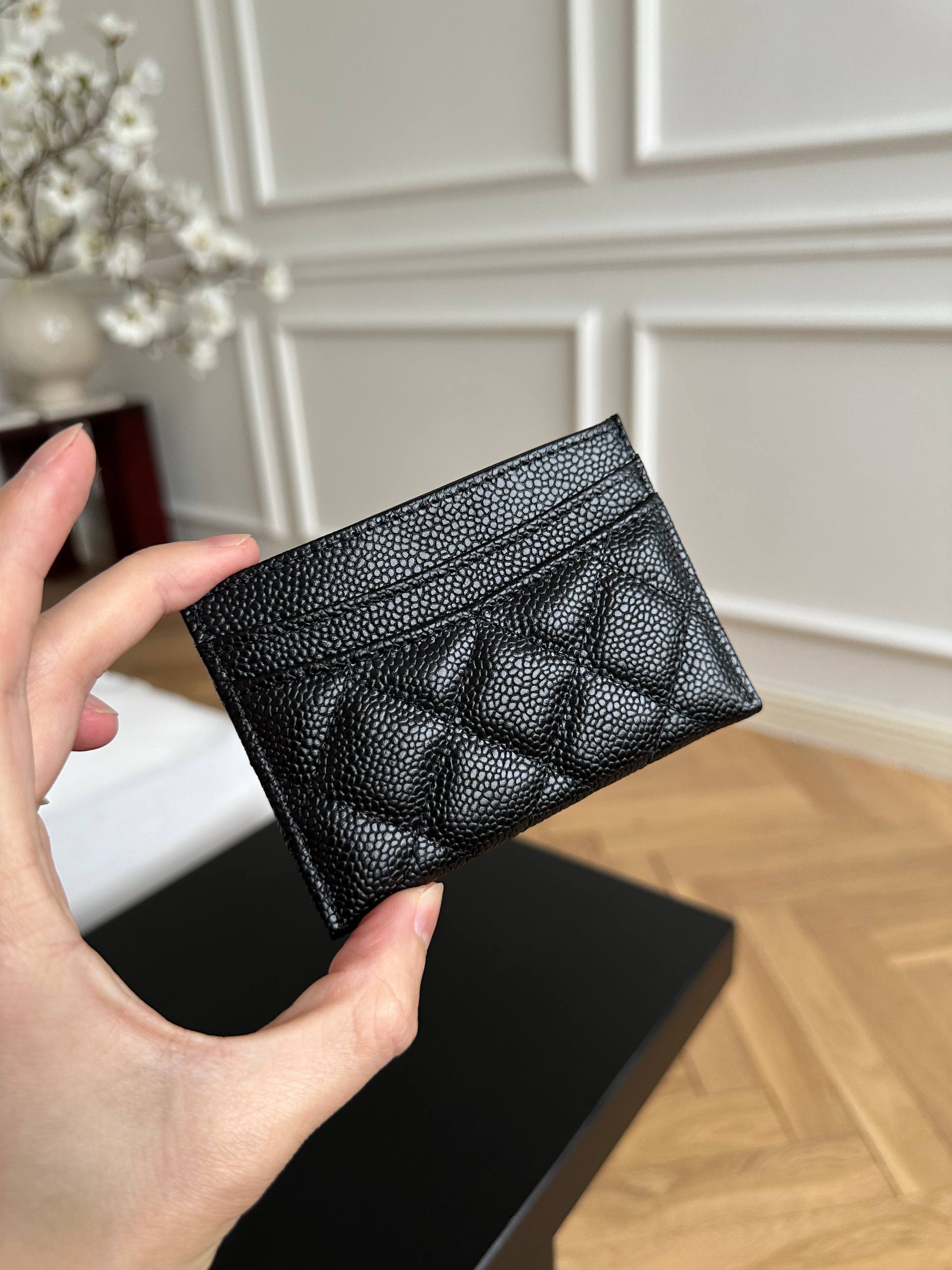 Chanel Black Caviar Quilted Card Holder with Gold CC Logo