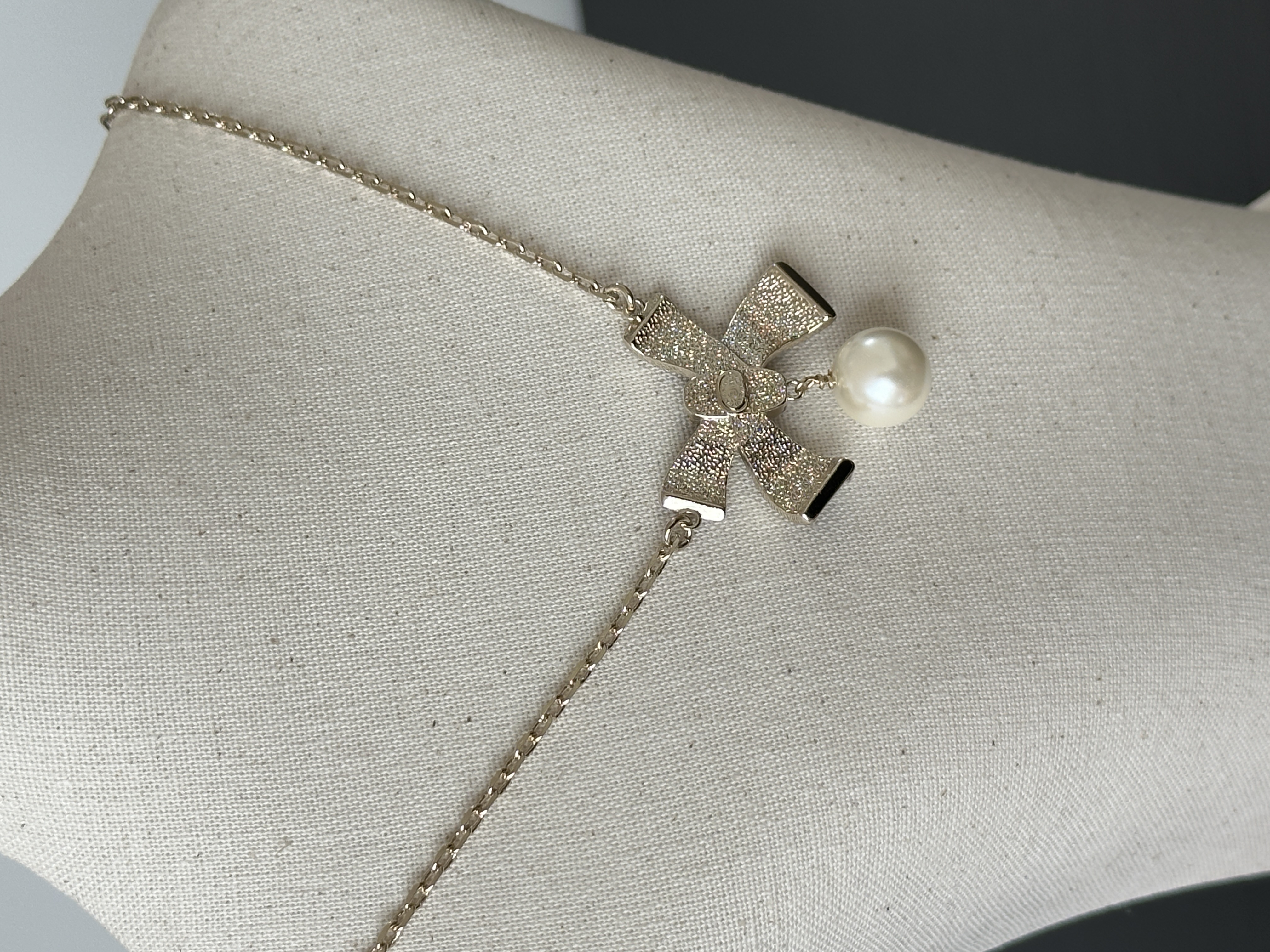 Chanel Bow Crystal Pearl Pendant Necklace