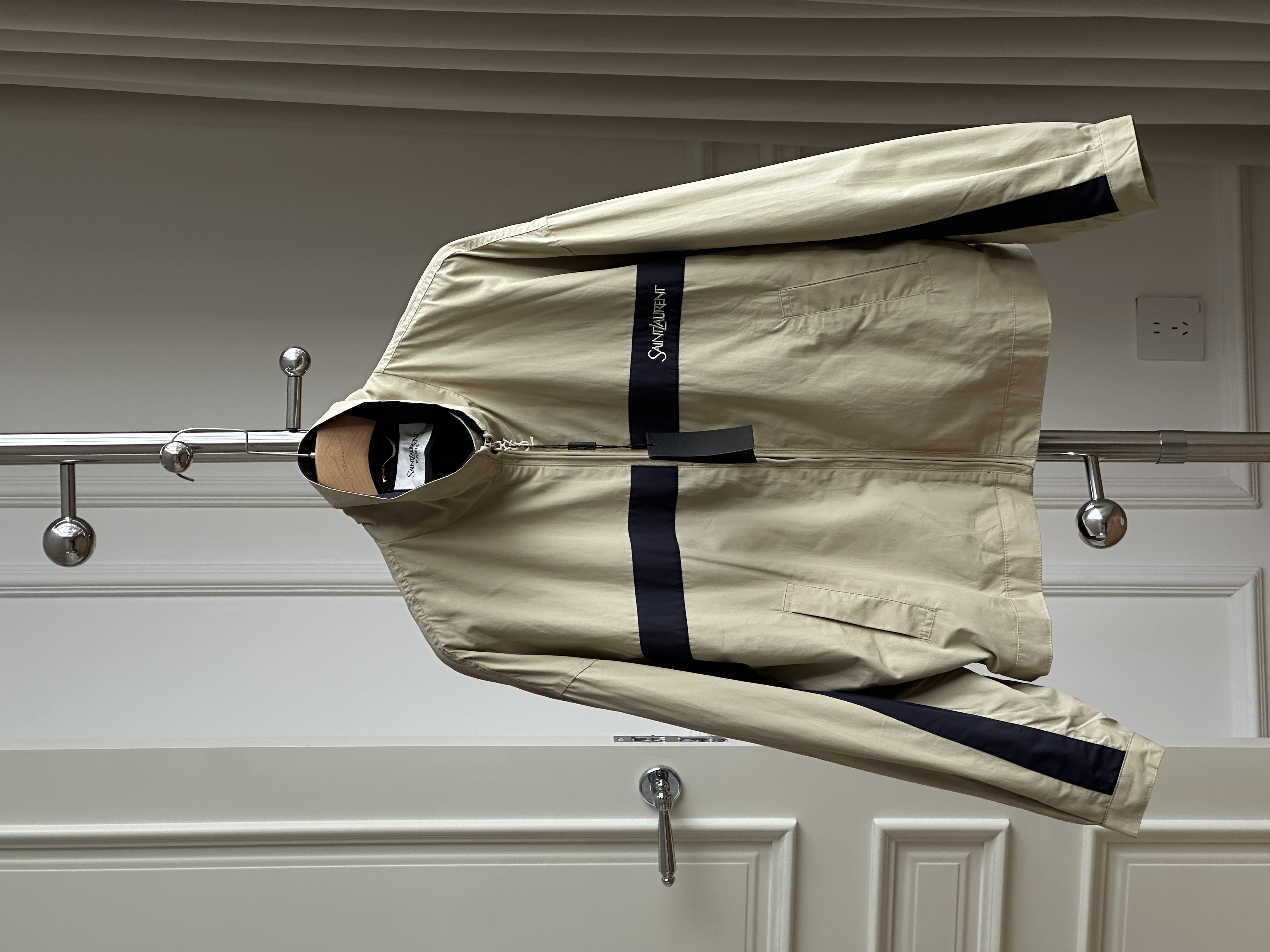 Saint Laurent Khaki Color-Blocked Stand Collar Track Jacket