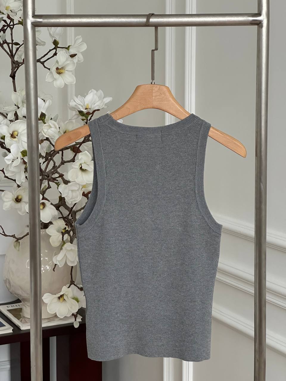 MIU MIU Rhinestone Beaded Logo Slim Crew Neck Knit Tank Top