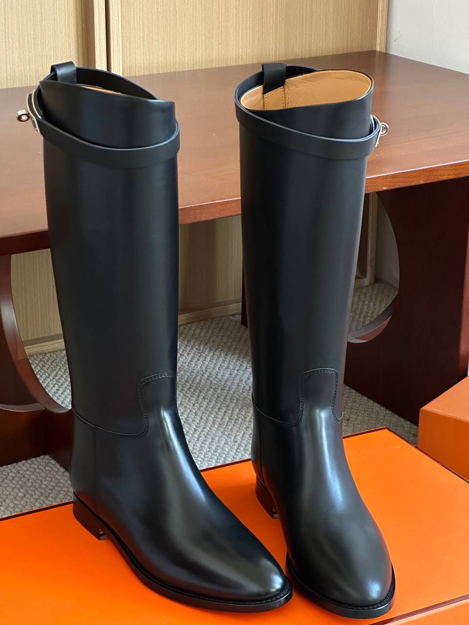 Hermès Kelly Buckle Black Polished Leather Straight Tall Riding Boots