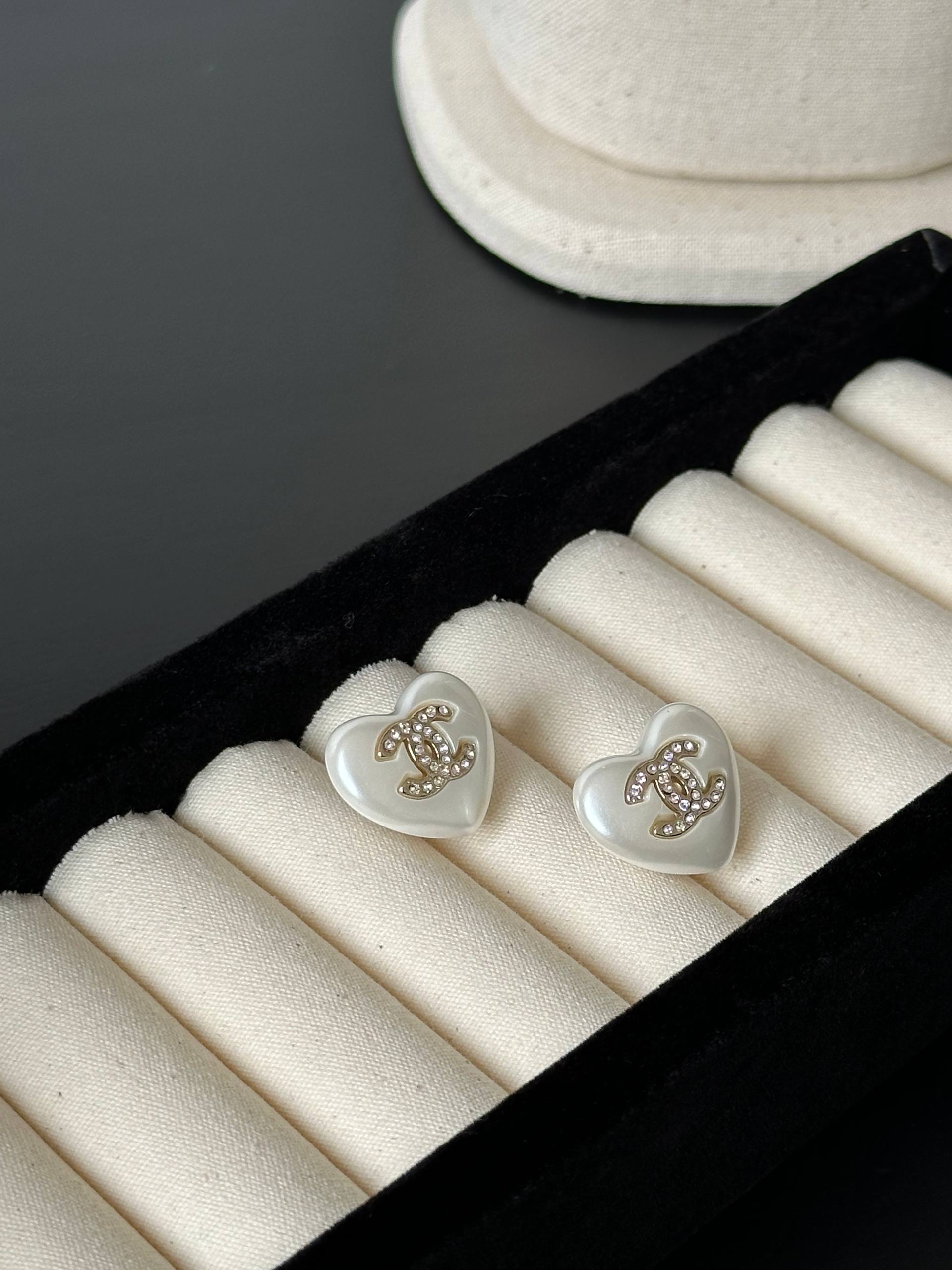 Chanel Heart Mother-of-Pearl Crystal CC Stud Earrings