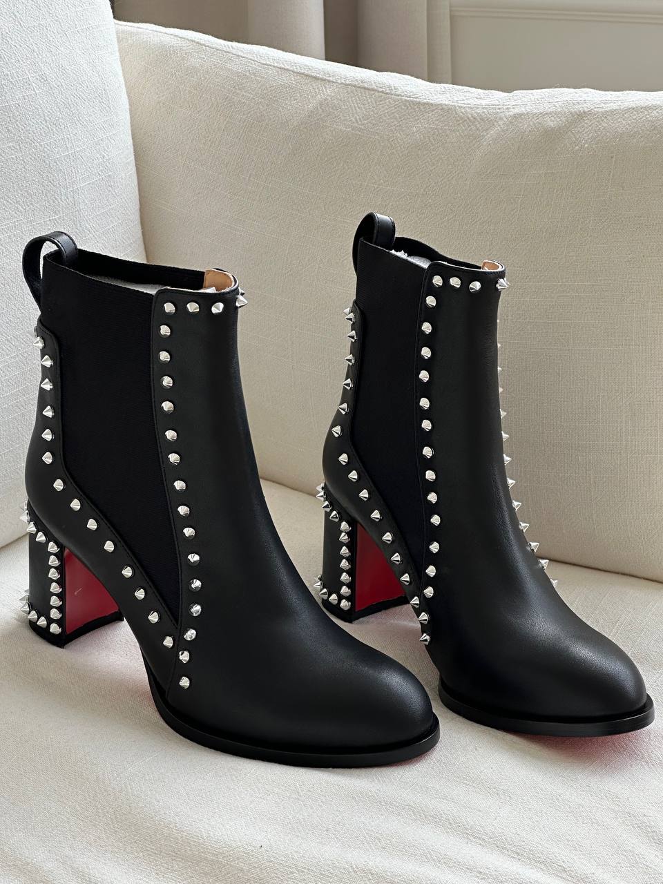 Christian Louboutin Black Smooth Calfskin Studded Block Heel Chelsea Ankle Boots