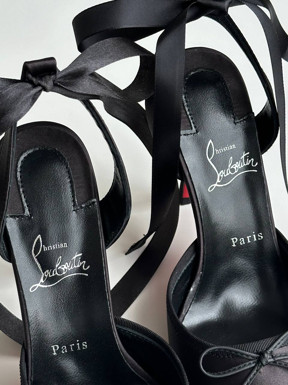 Christian Louboutin Black Satin Double Bow Tie Slingback Stiletto Heels With Iconic Red Sole
